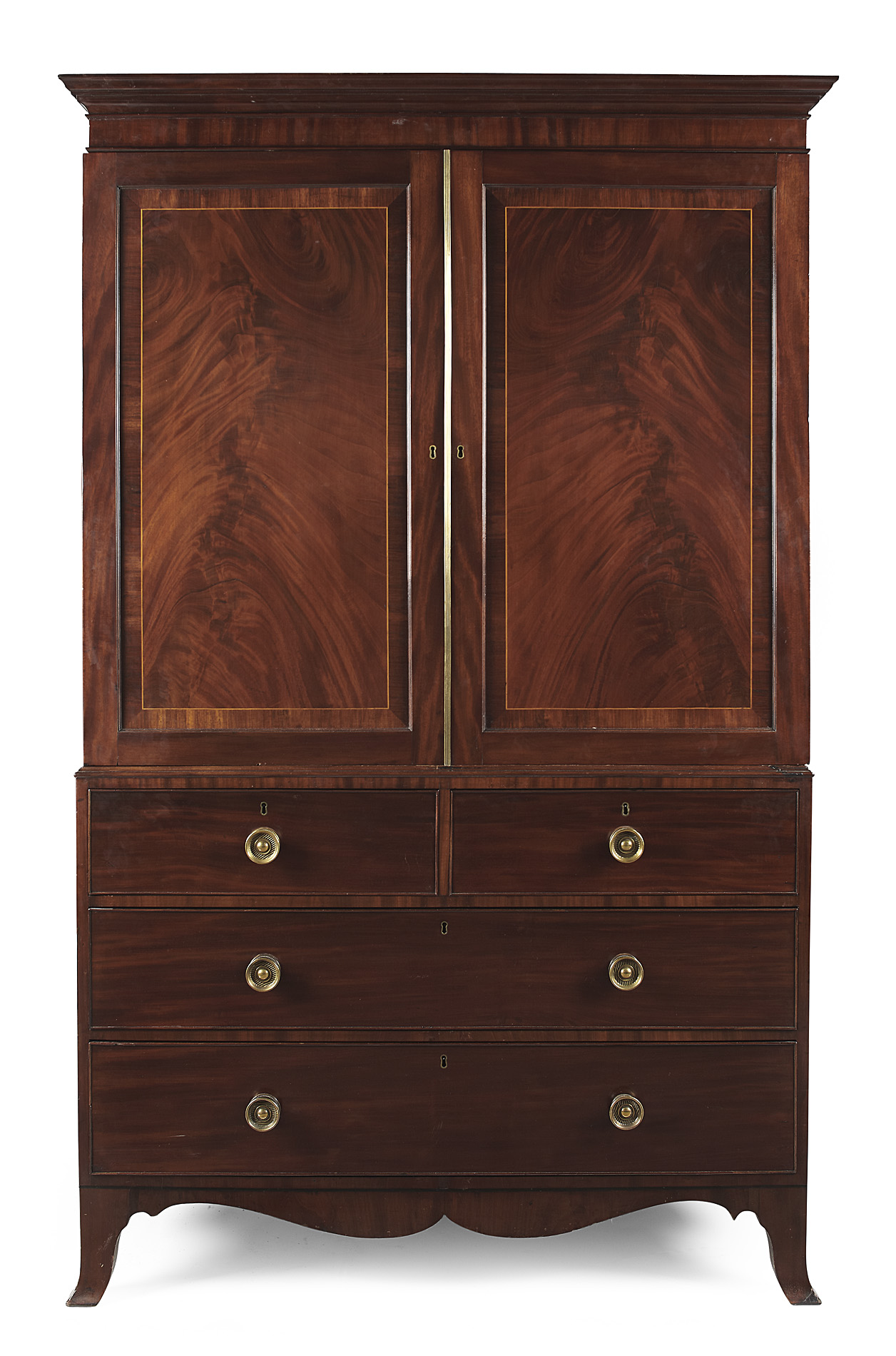 GEORGE III MAHOGANY, ROSEWOOD AND BOXWOOD LINEN PRESS