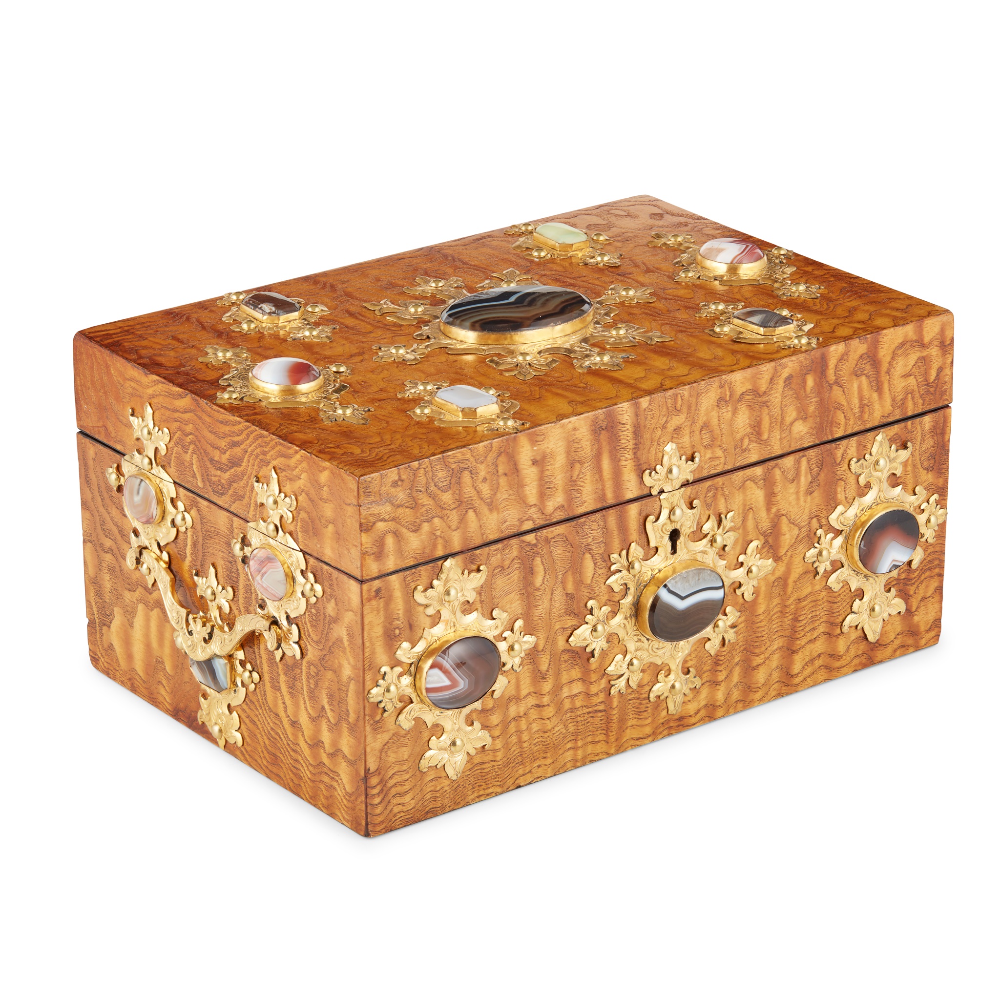 VICTORIAN HUNGARIAN ASH, BANDED AGATE AND GILT BRASS MOUNTED CASKET, BY T.A. SIMPSON & CO.