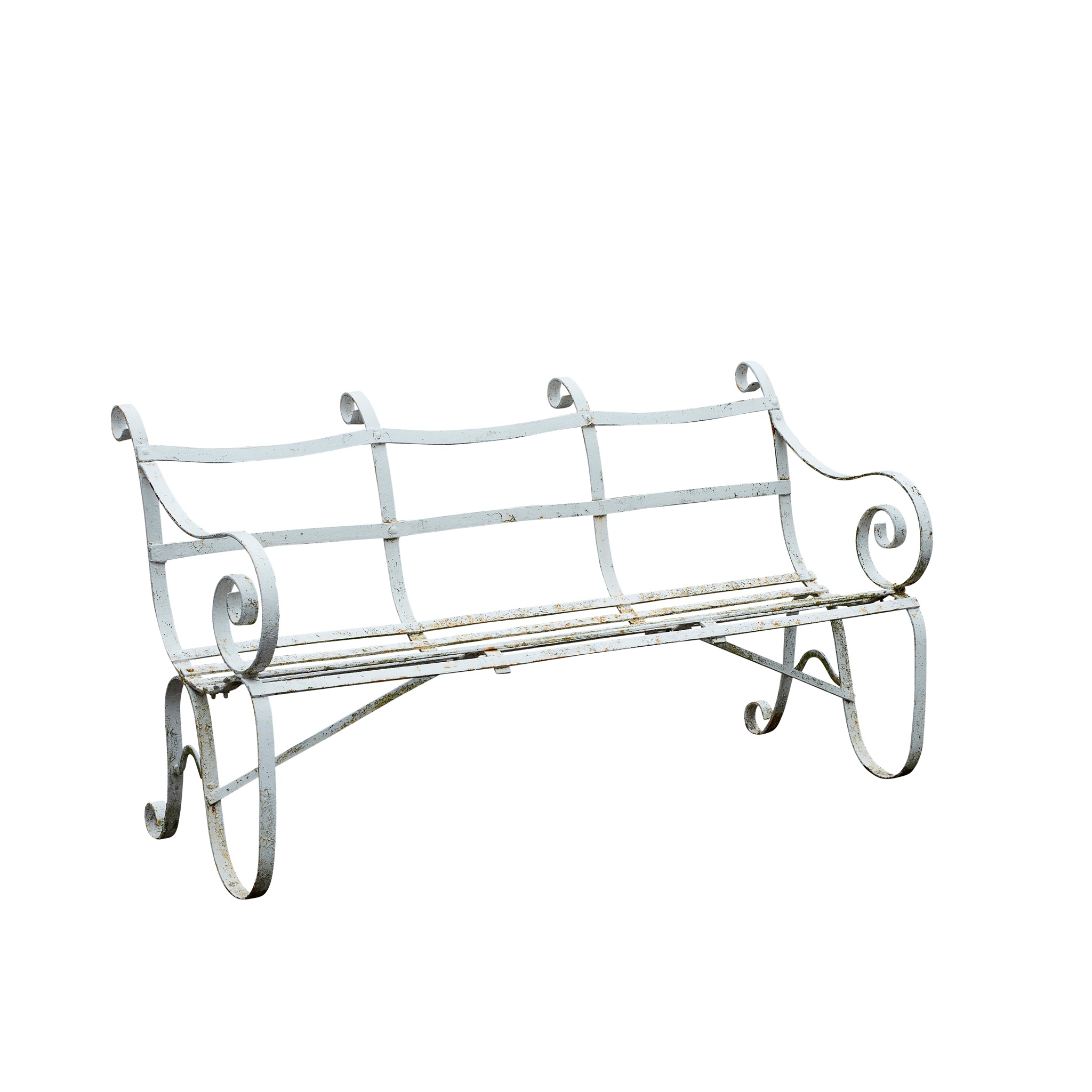 TWO WHITE PAINTED WROUGHT IRON GARDEN BENCHES