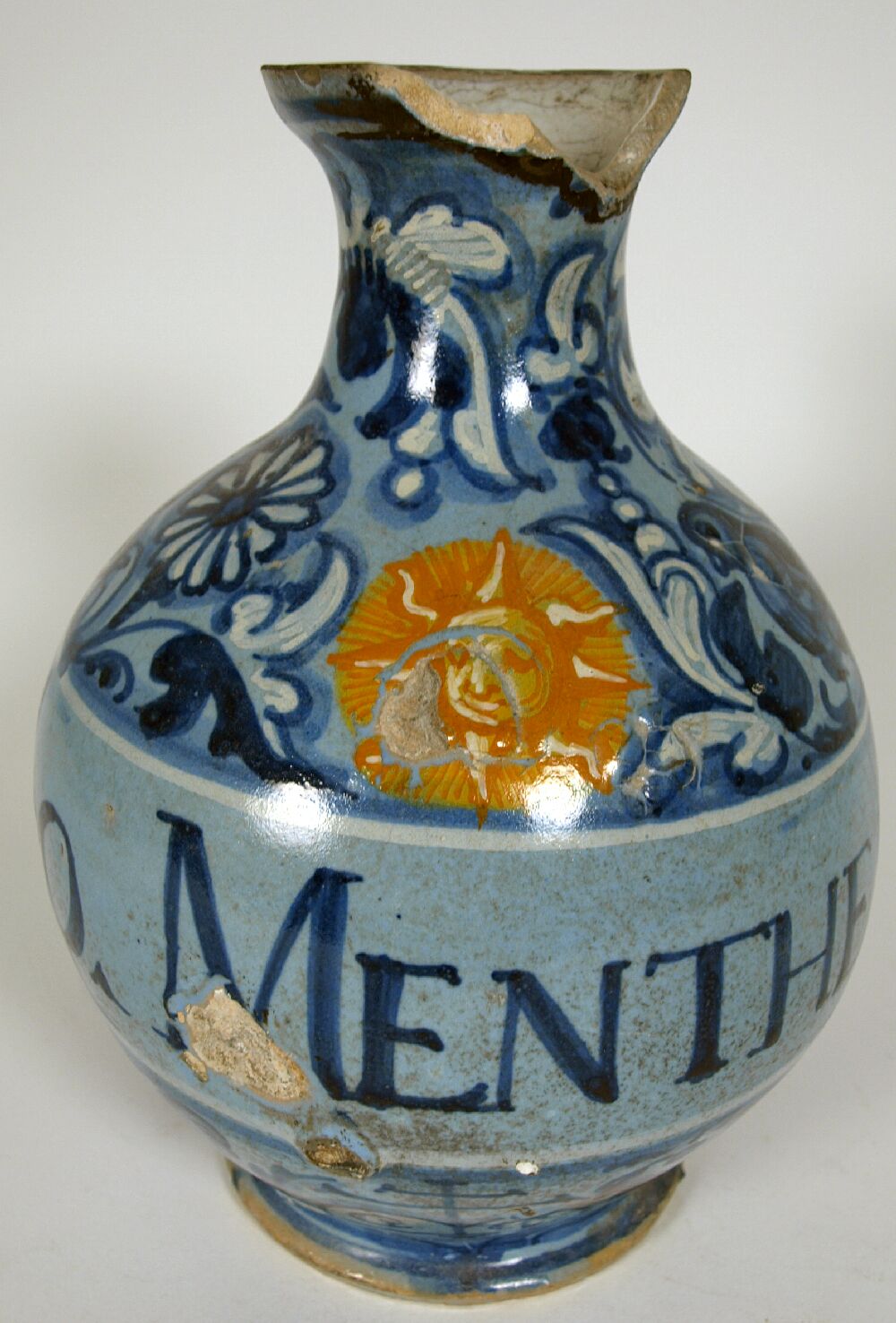 A late 16th century Venice 'berrettino' painted maiolica pharmacy bottle