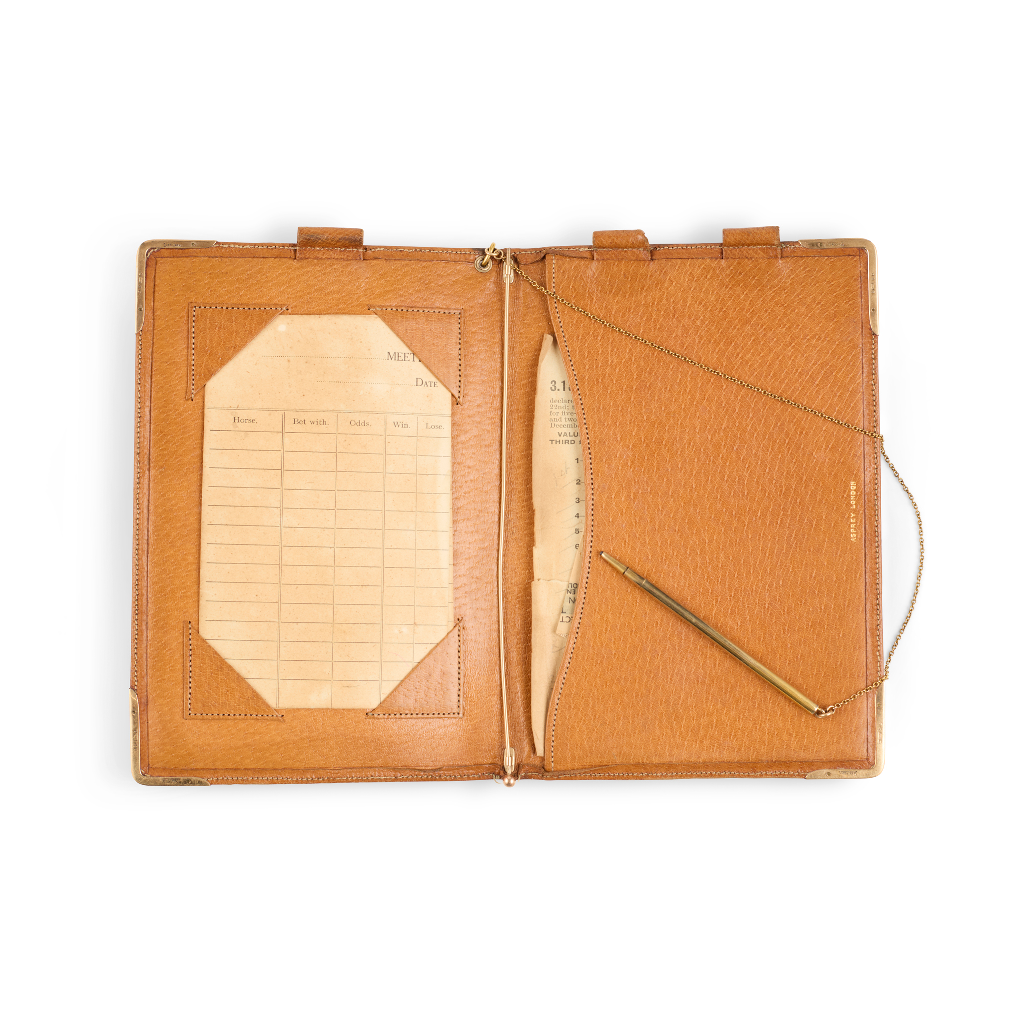 Asprey & Co: A 1930s 9ct gold mounted leather racing necessaire