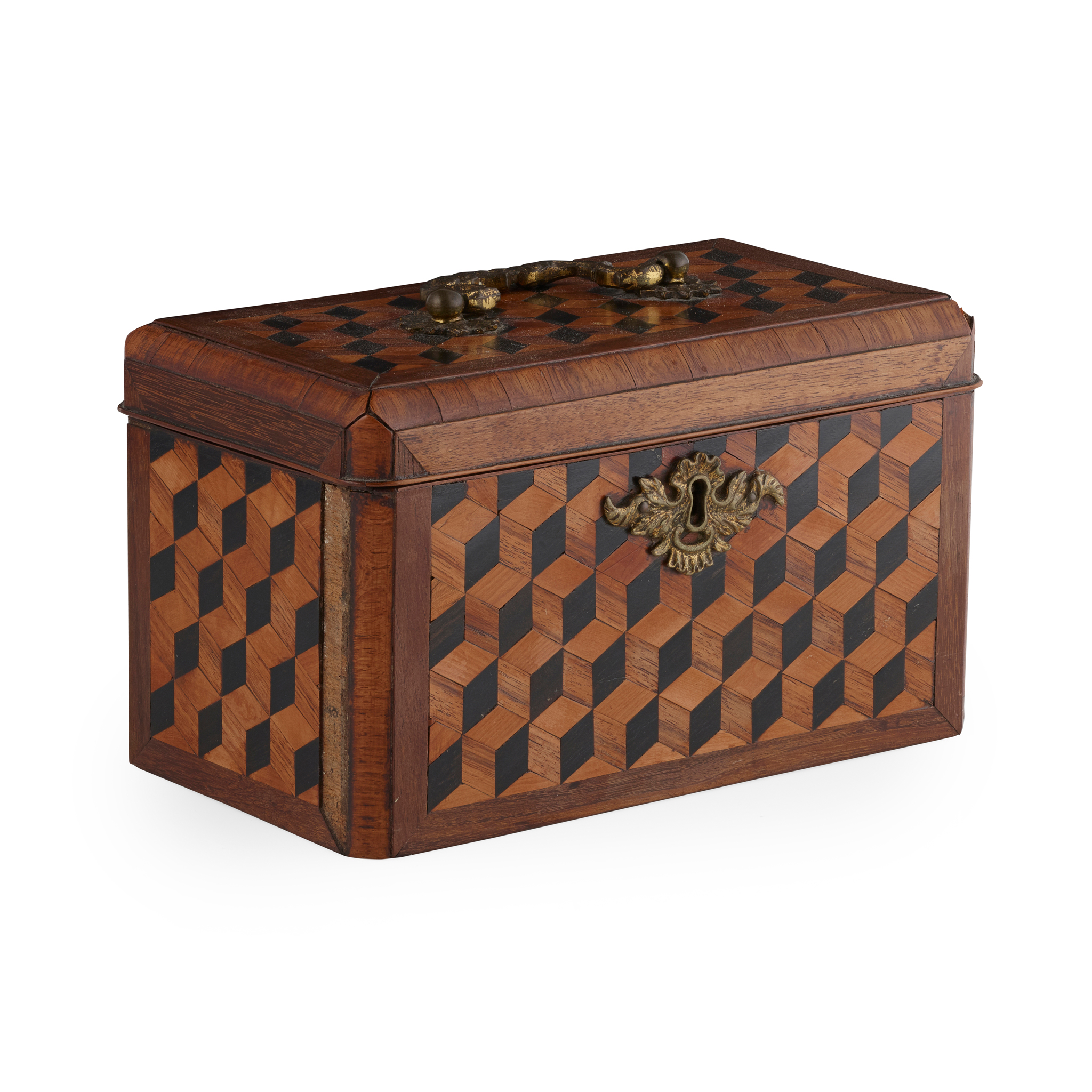 GEORGE III WALNUT AND PARQUETRY TEA CADDY