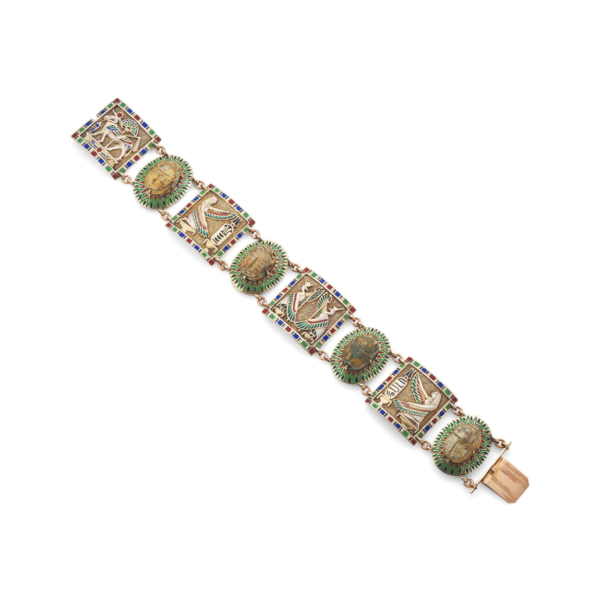 An Egyptian revival enamel and scarab bracelet