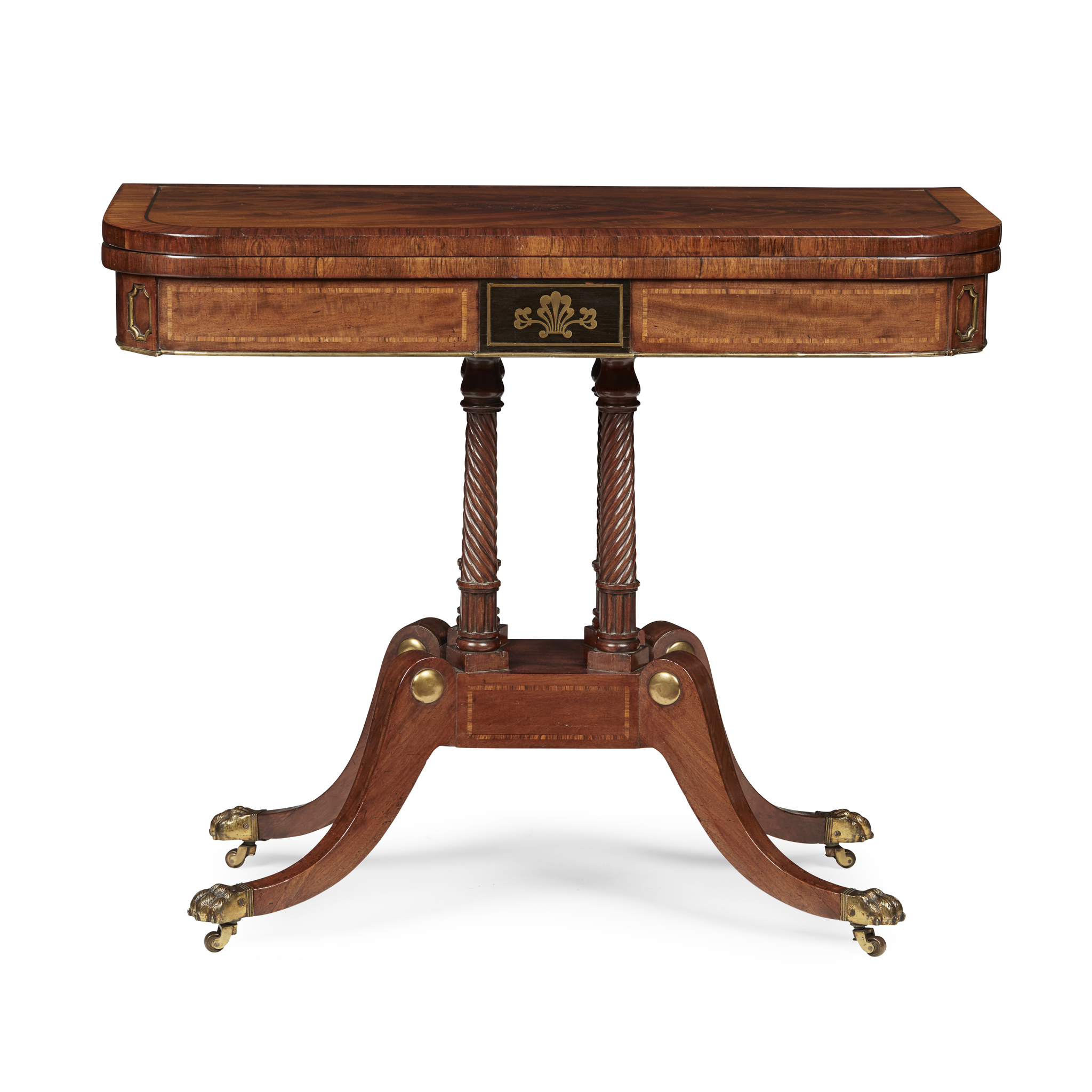 REGENCY MAHOGANY, ZEBRA WOOD, EBONY AND BRASS CARD TABLE