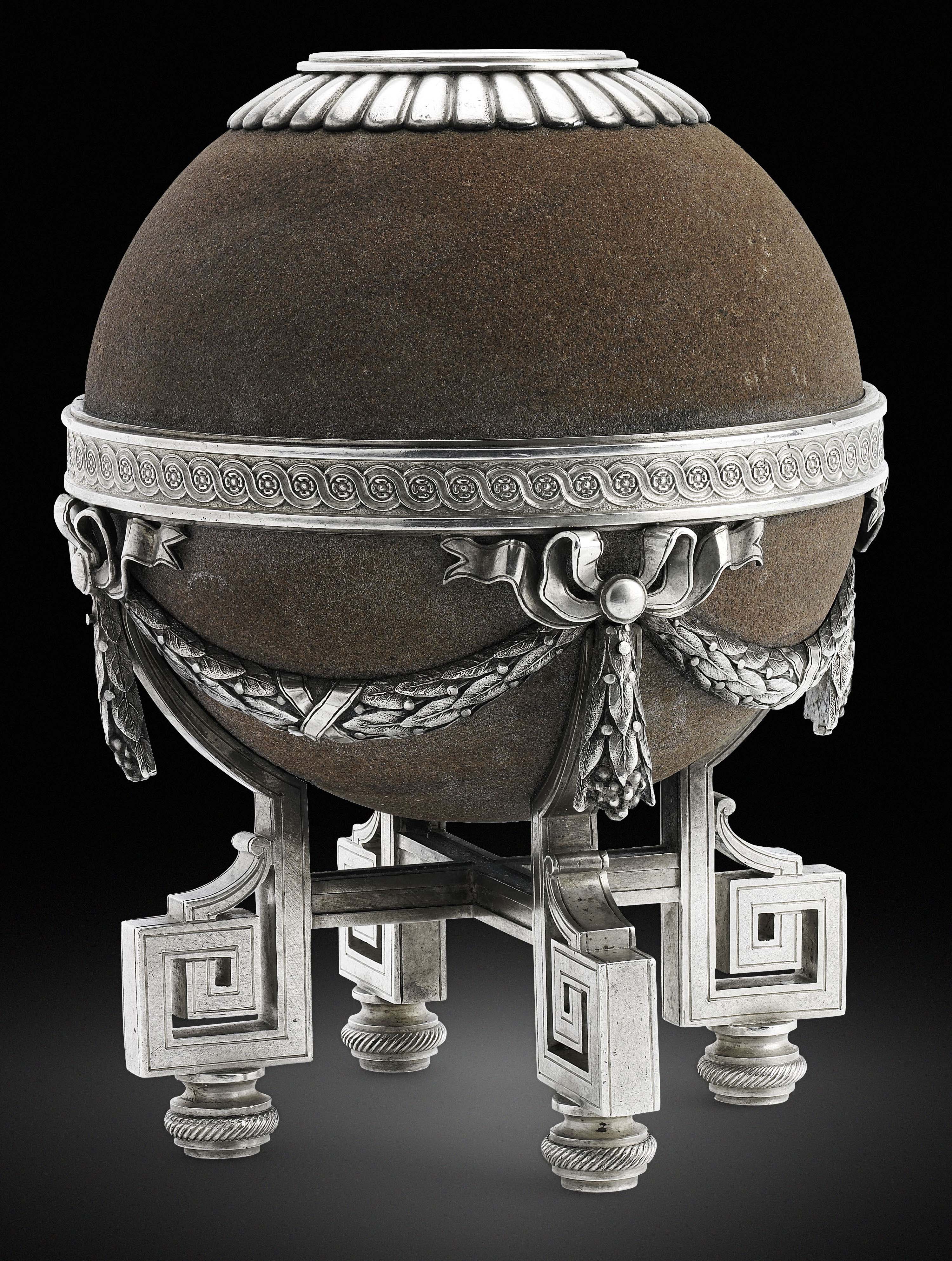 A Fabergé silver-mounted sandstone vesta-holder