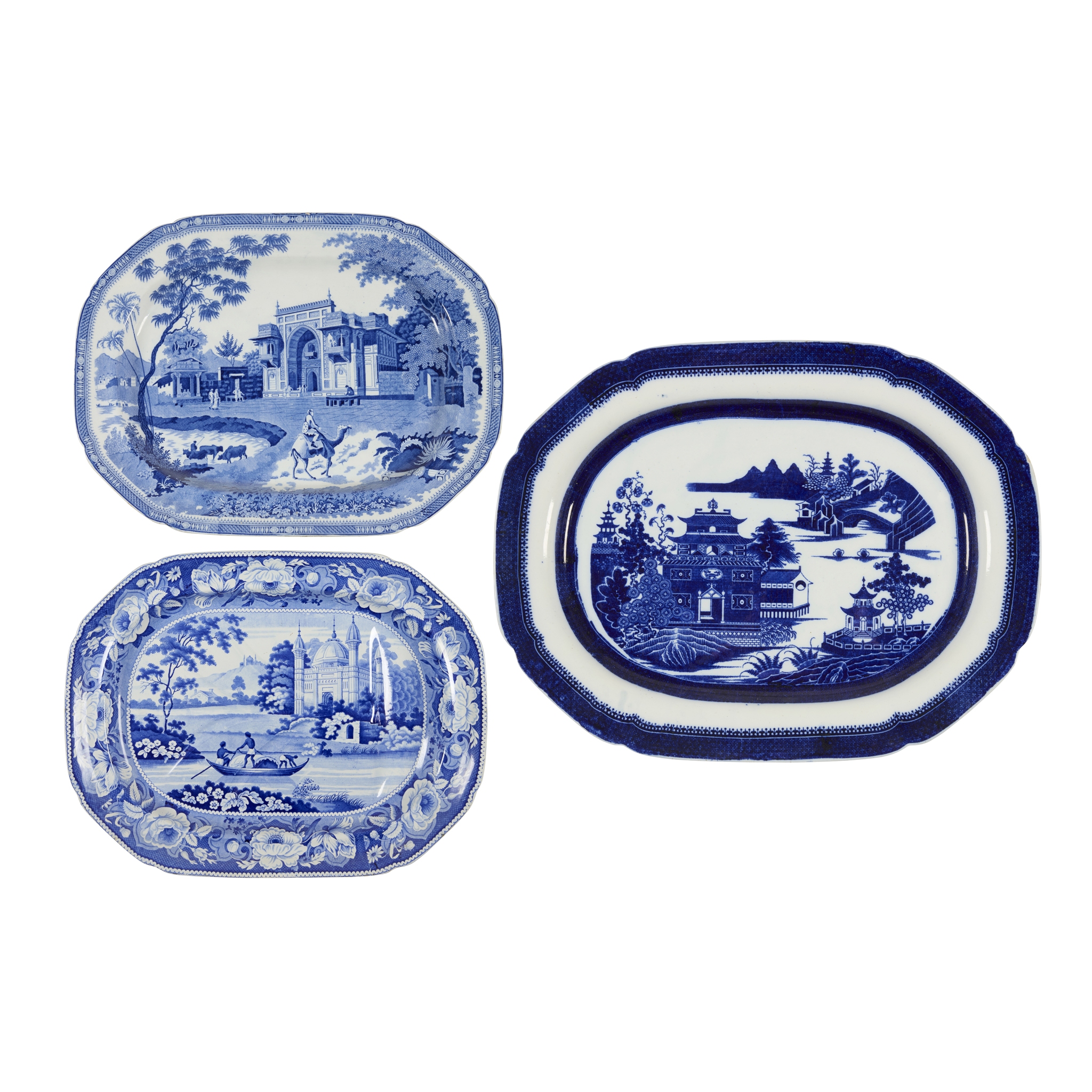 THREE LARGE BLUE AND WHITE TRANSFER PRINTED MEAT PLATES
