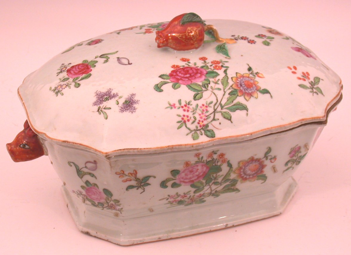 A Chinese famille rose canted rectangular terrine and cover, Qianlong,