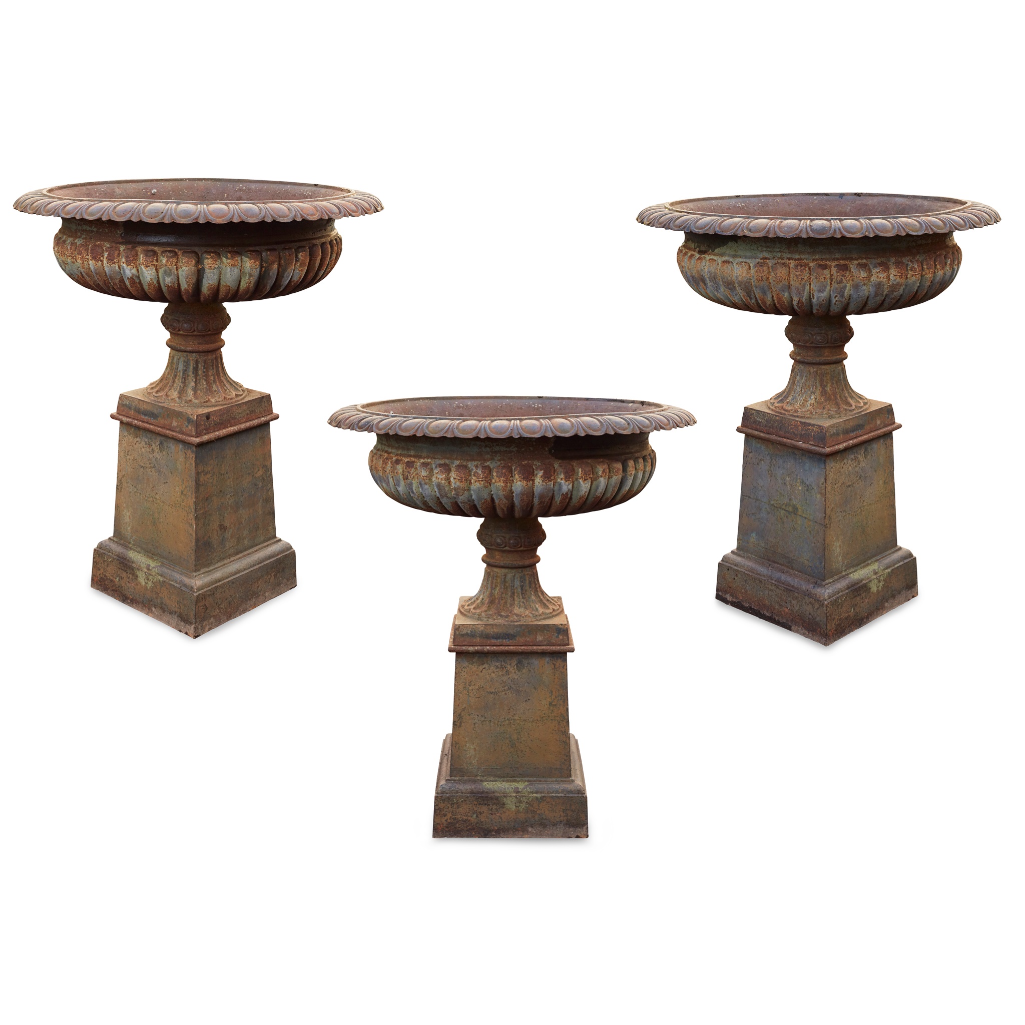 SET OF THREE LARGE CAST IRON GARDEN URNS AND PLINTHS