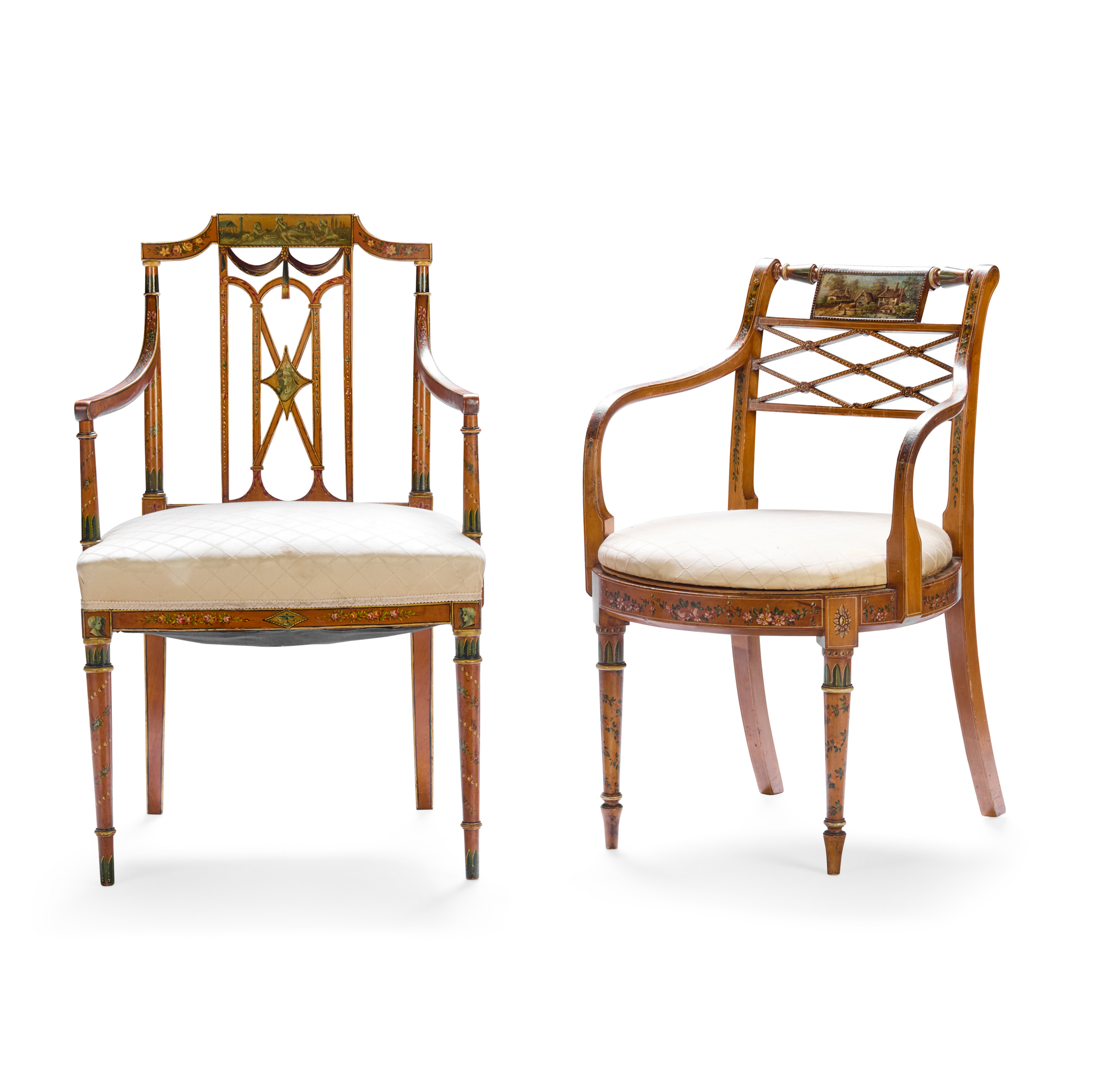TWO EDWARDIAN PAINTED SATINWOOD ARMCHAIRS