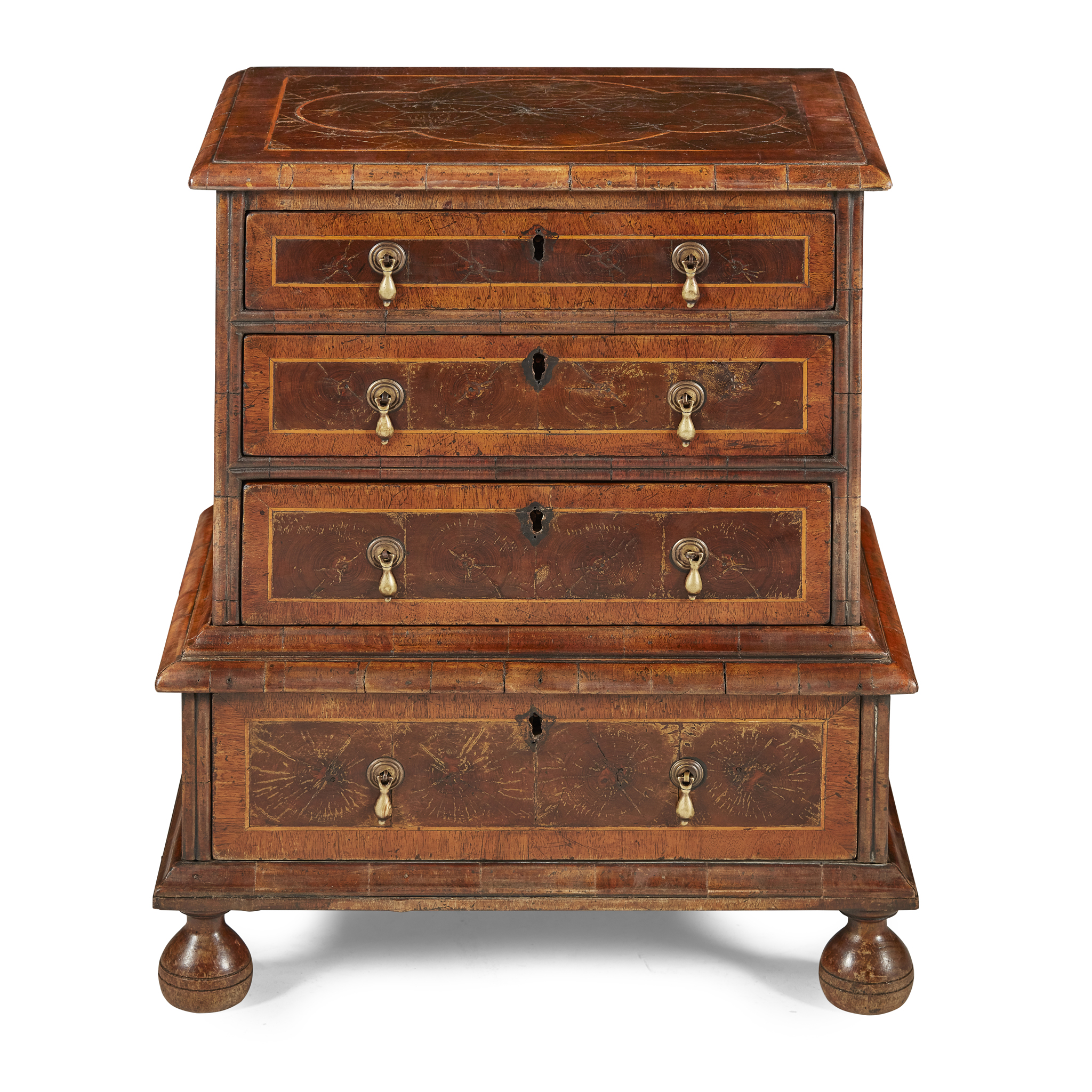 QUEEN ANNE STYLE WALNUT AND LABURNUM OYSTER VENEERED DWARF CHEST-ON-STAND