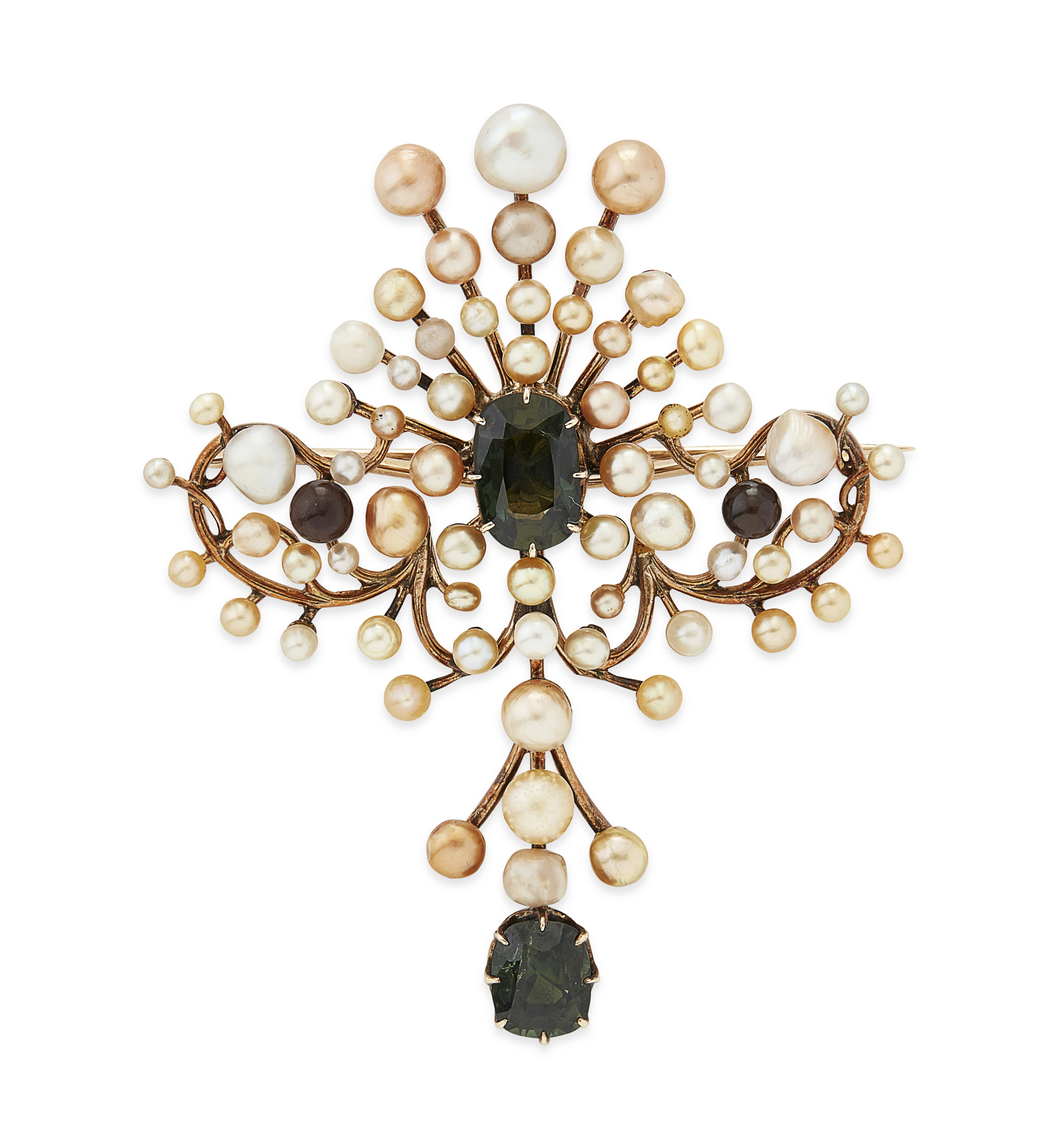 An unusual late 19th Century Scottish pearl and tourmaline set brooch