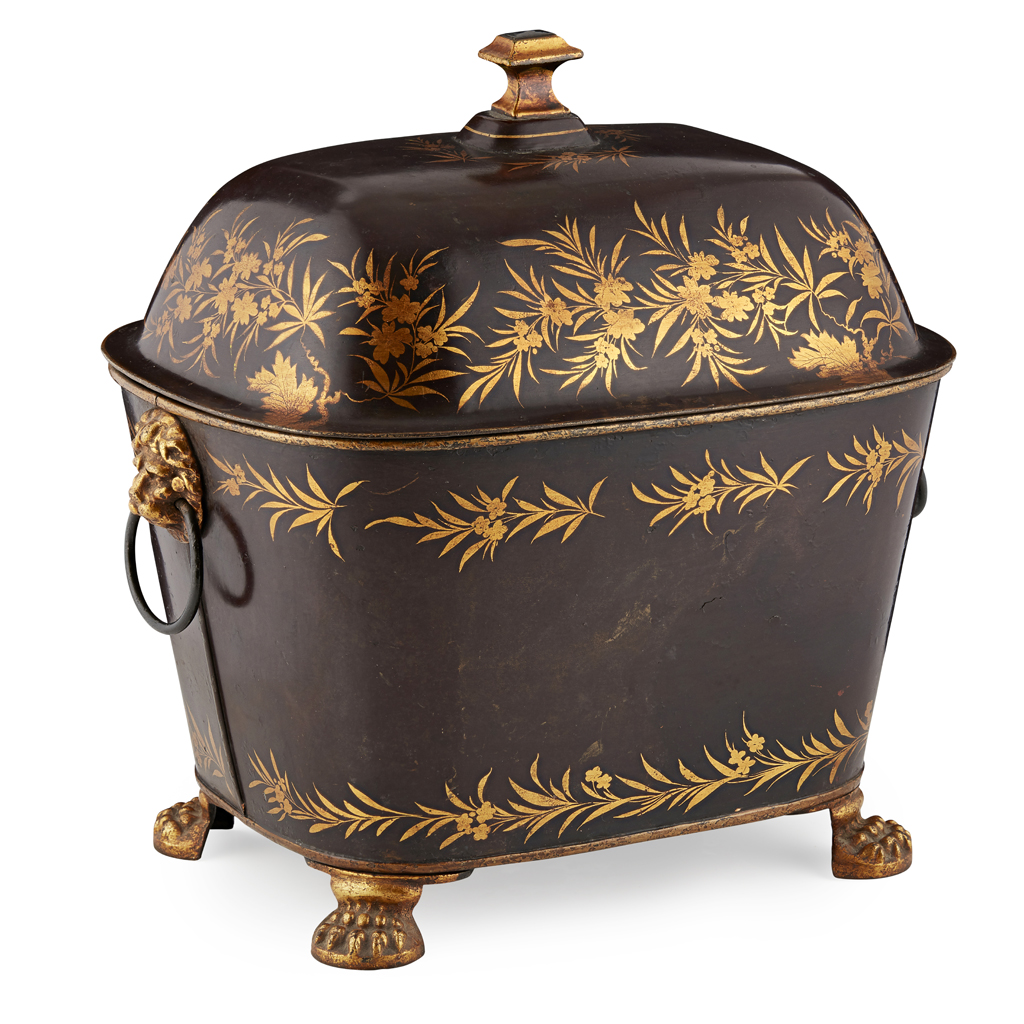 REGENCY PARCEL GILT AND BURGUNDY TOLE COAL BIN AND COVER