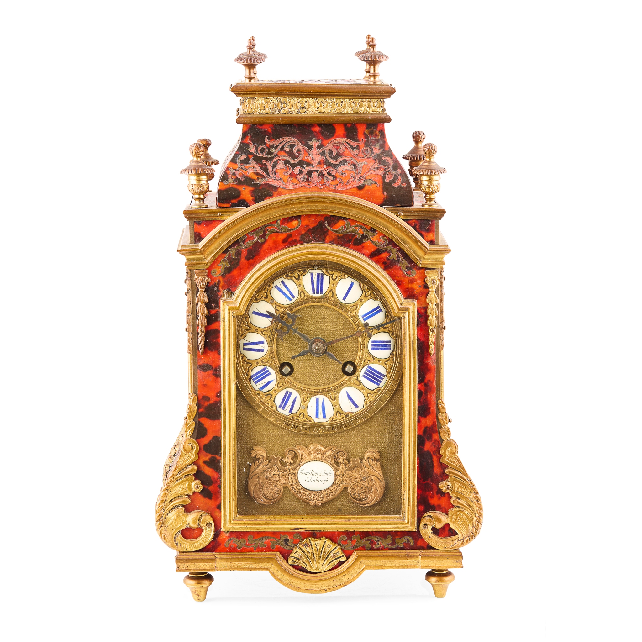 FRENCH RED TORTOISESHELL AND CUT BRASS BOULLE MARQUETRY MANTEL CLOCK