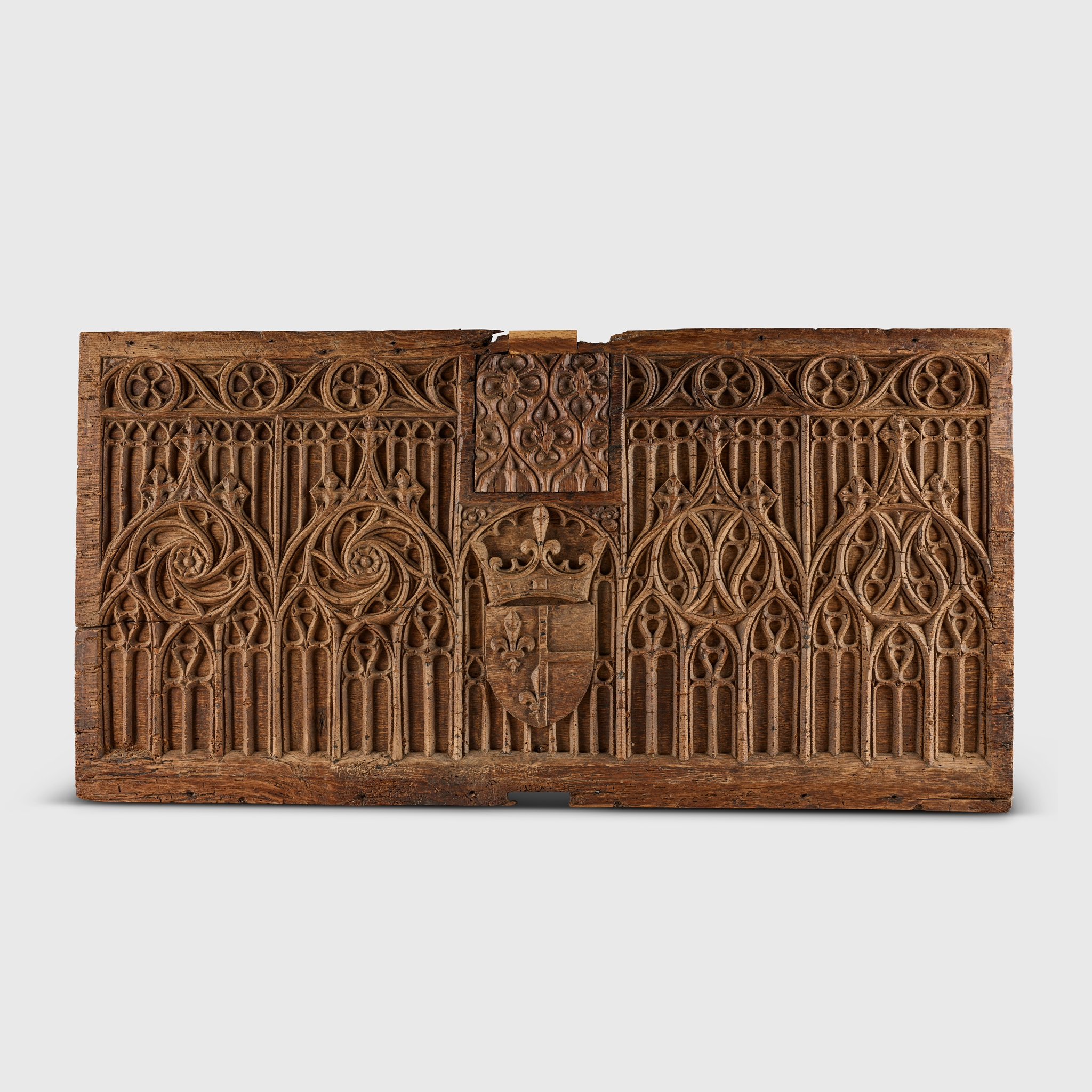 FRENCH MEDIEVAL CARVED OAK PANEL, BEARING THE ARMS OF CHARLOTTE OF SAVOY, QUEEN OF FRANCE