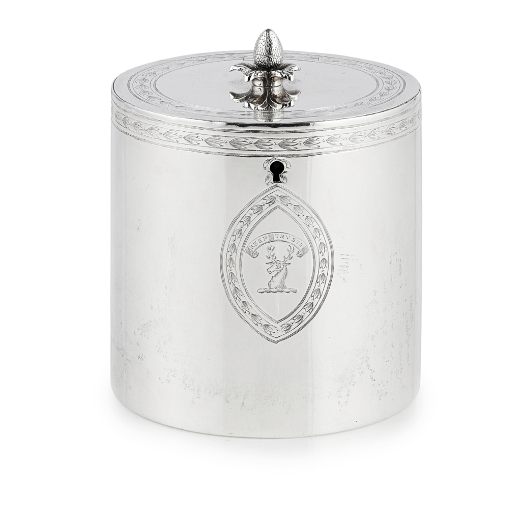 A RARE GEORGE III DRUM TEA CADDY