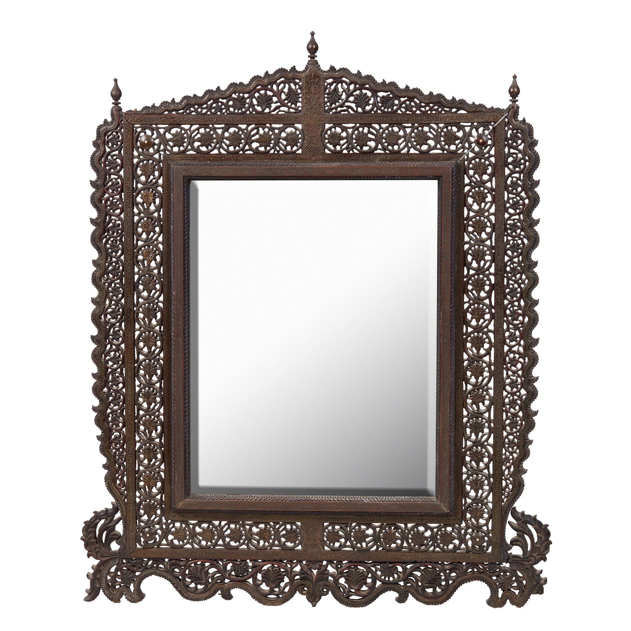 BURMESE CARVED AND PIERCED HARDWOOD AND WIRE INLAID MIRROR