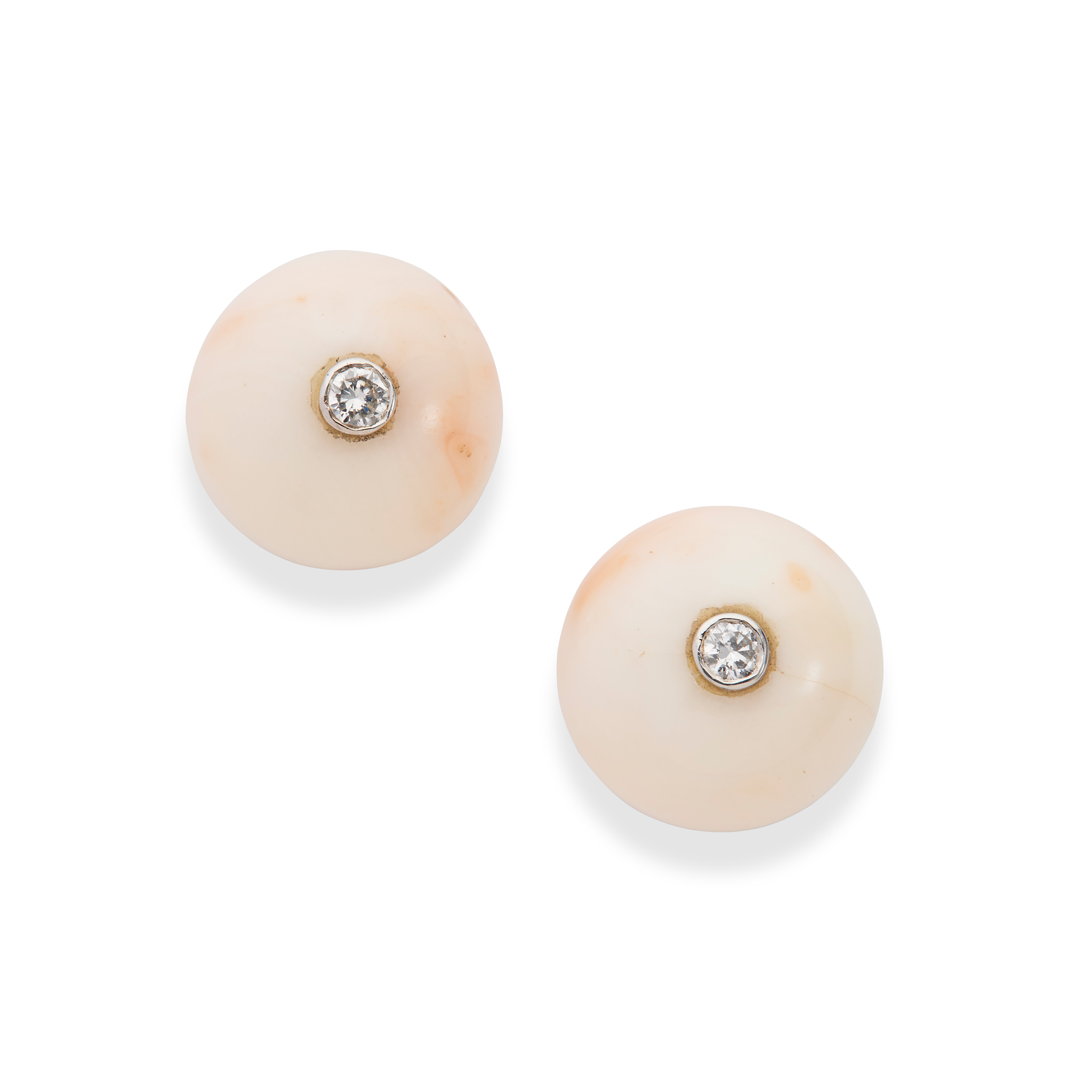 Attributed to John Donald: A pair of angelskin coral and diamond earrings