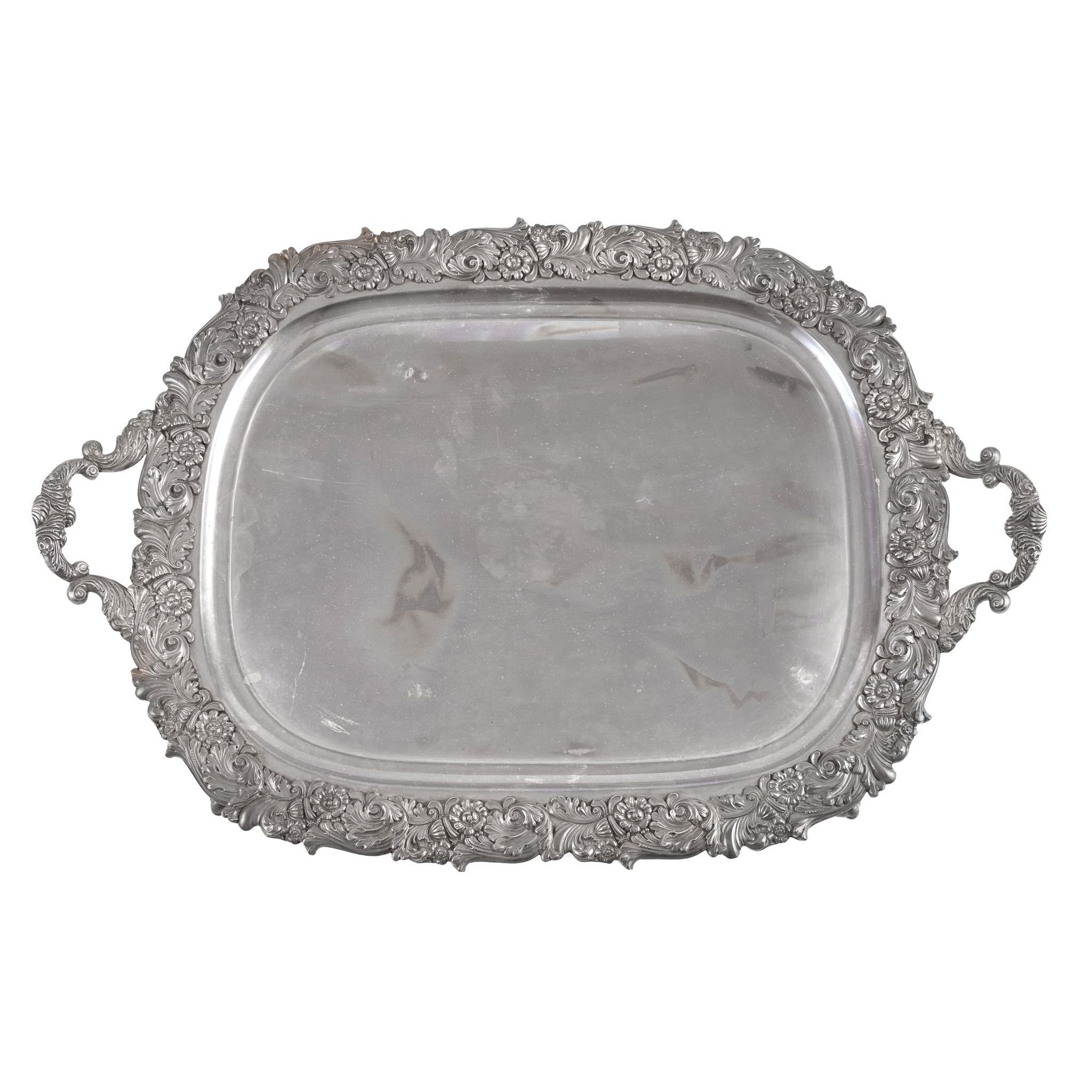 A near pair of large old Sheffield plate twin-handled trays