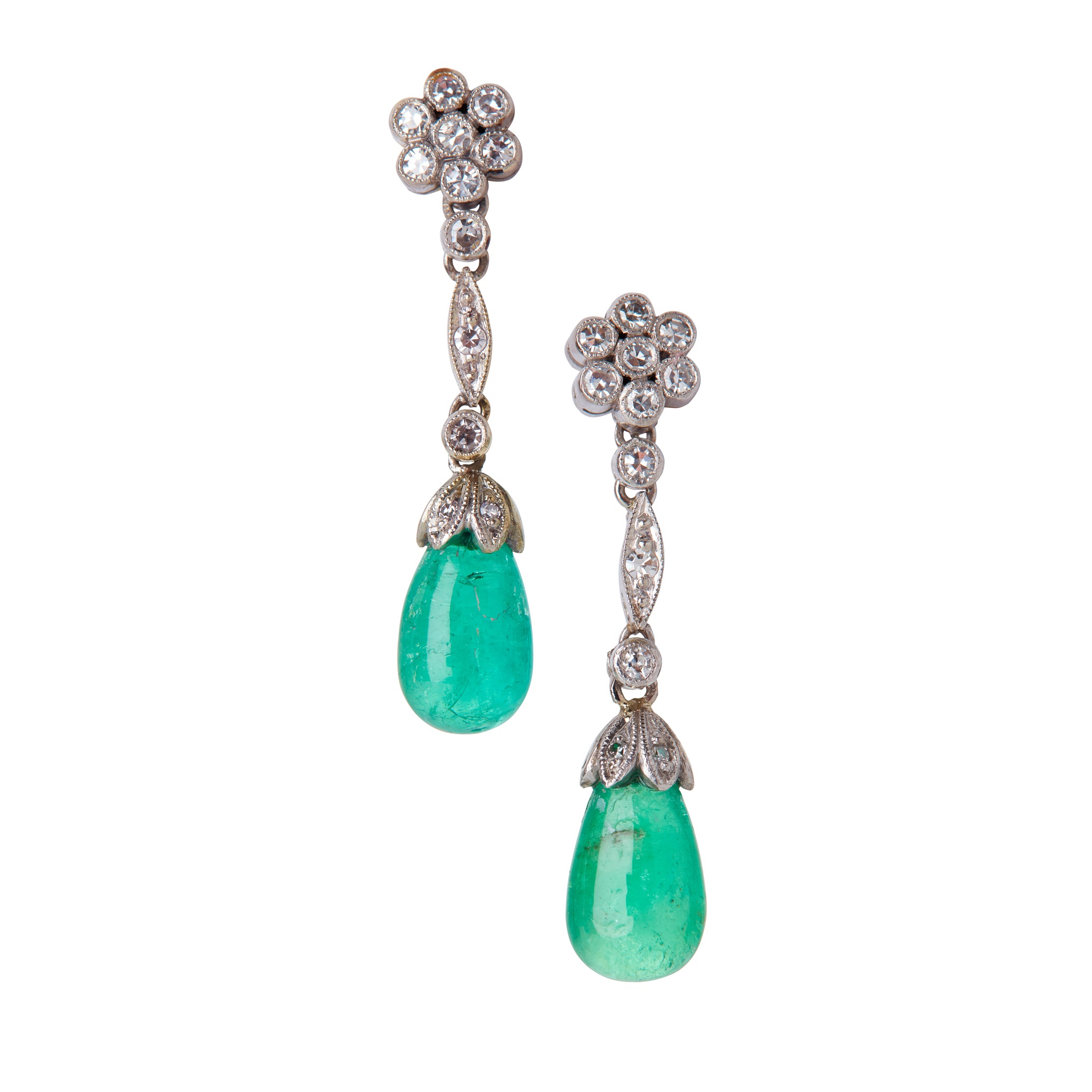 A pair of emerald and diamond set pendant earrings