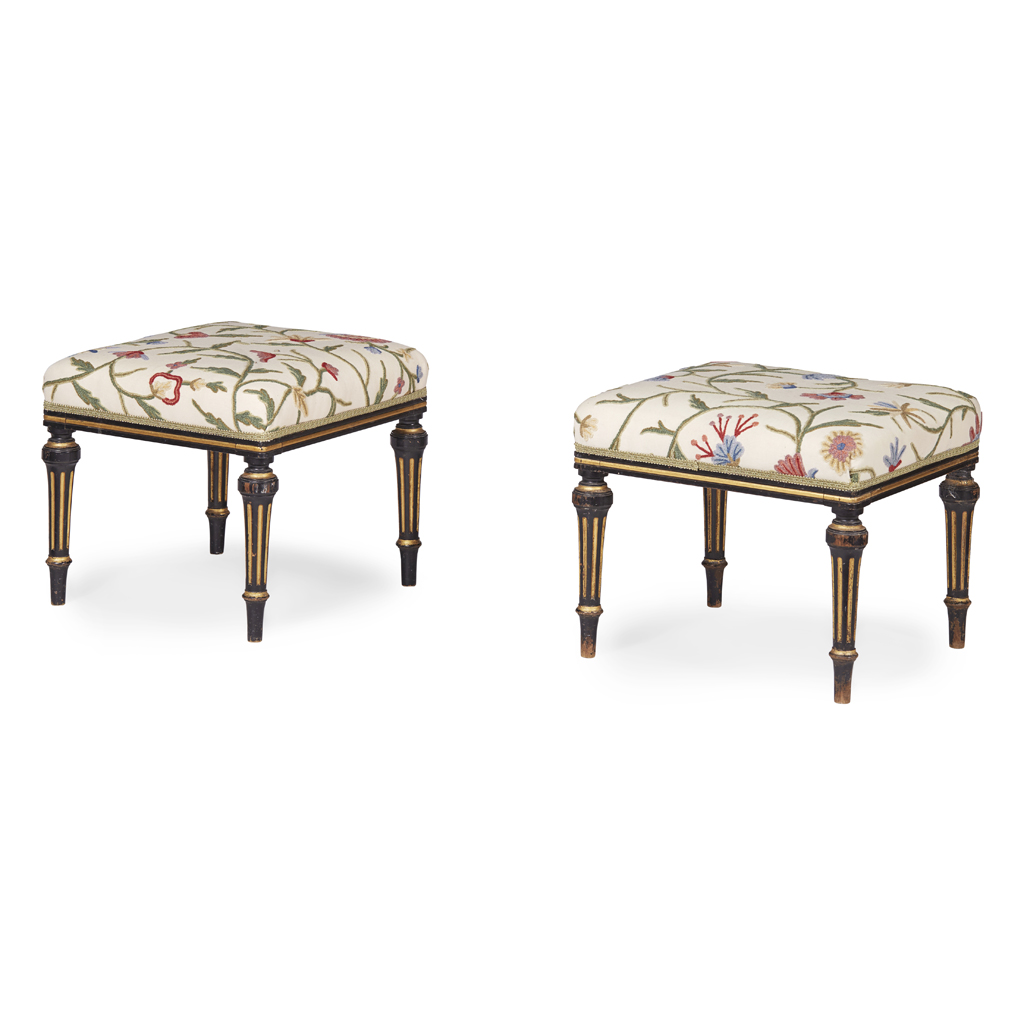 PAIR OF VICTORIAN EBONISED AND PARCEL-GILT FOOTSTOOLS