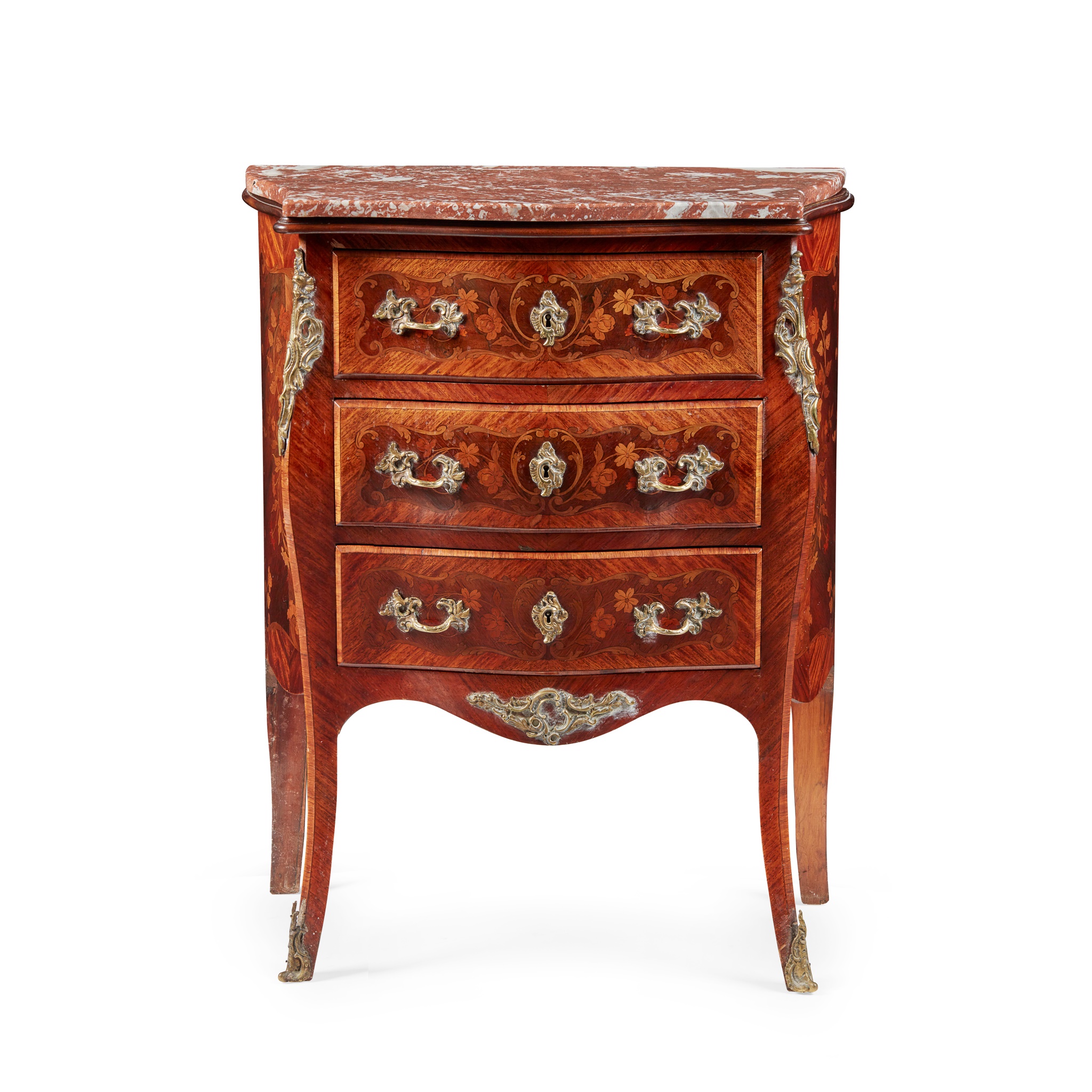 LOUIS XV STYLE KINGWOOD AND AMARANTH MARQUETRY BOMBÉ COMMODE
