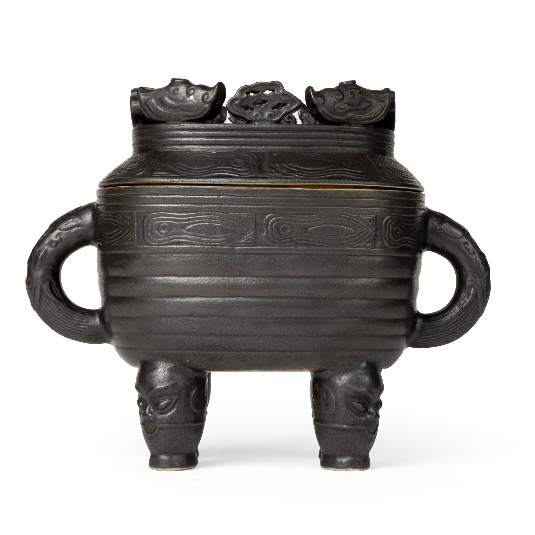 BROWN-GLAZED DING-FORM CENSER WITH COVER
