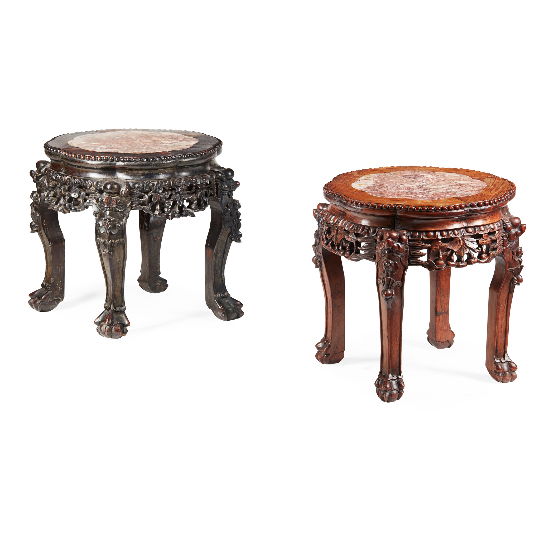 TWO CHINESE HARDWOOD MARBLE TOP VASE STANDS