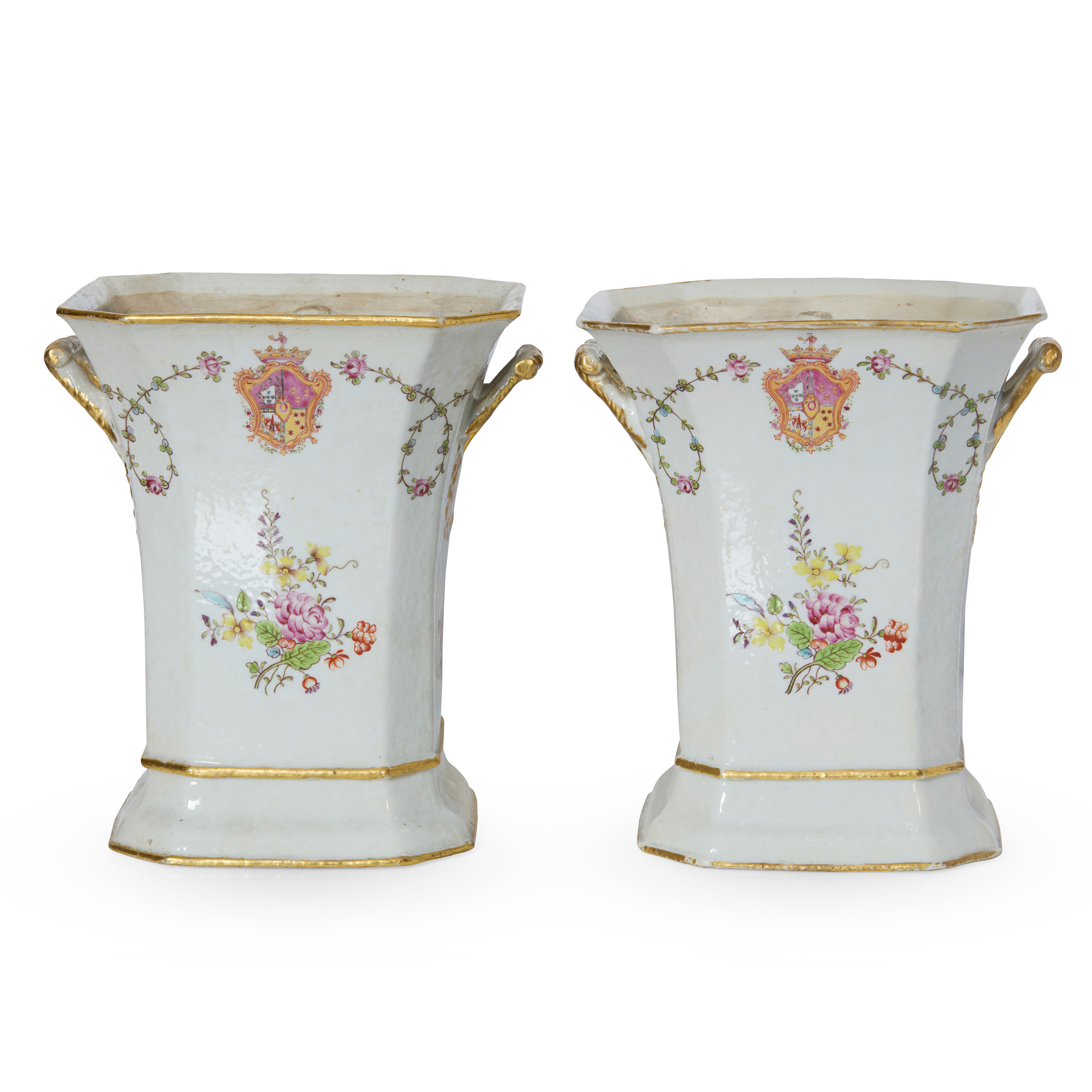 PAIR OF CHINESE EXPORT FAMILLE ROSE BOUGH POTS FOR THE PORTUGUESE MARKET