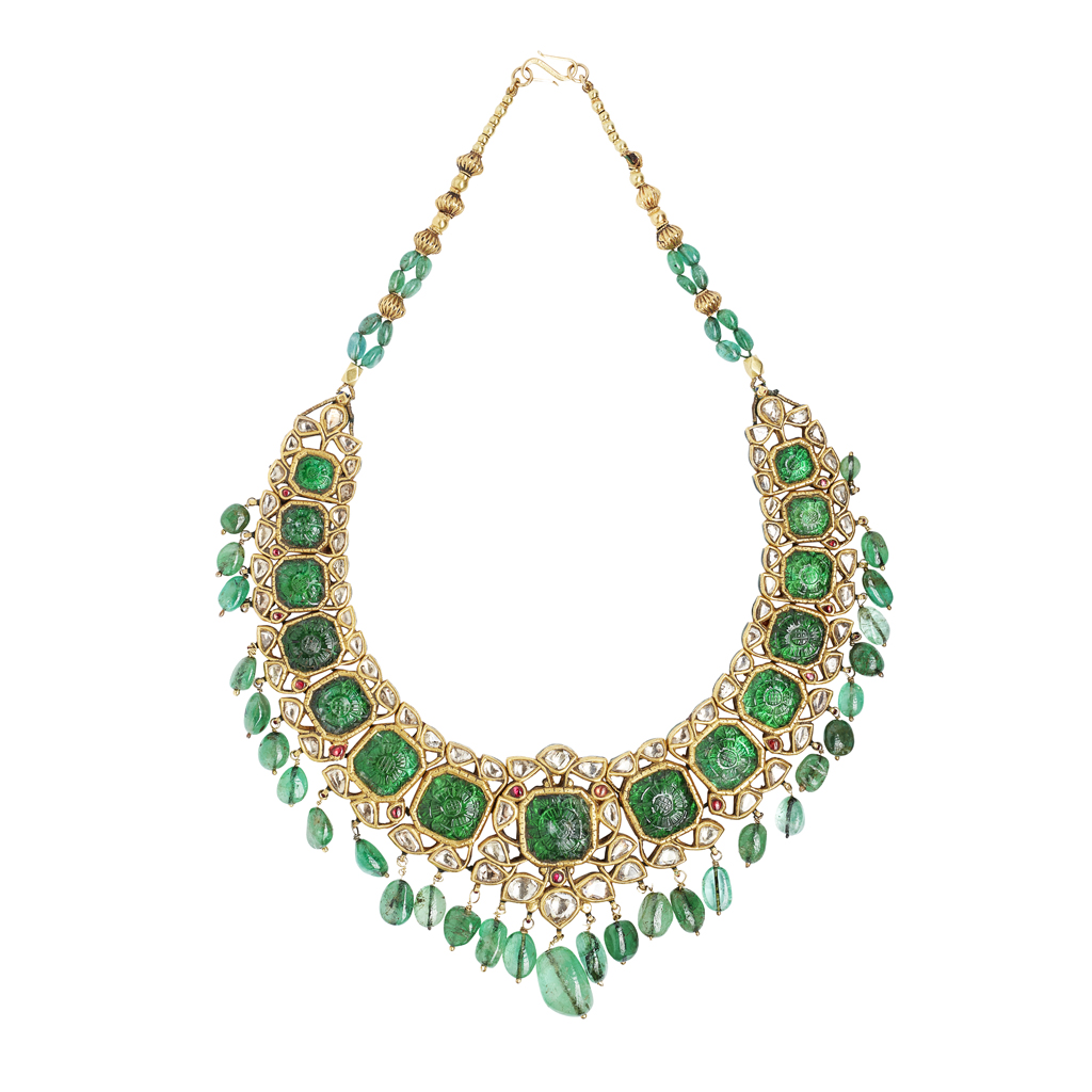 An Indian diamond, emerald and ruby set and diamond set necklace