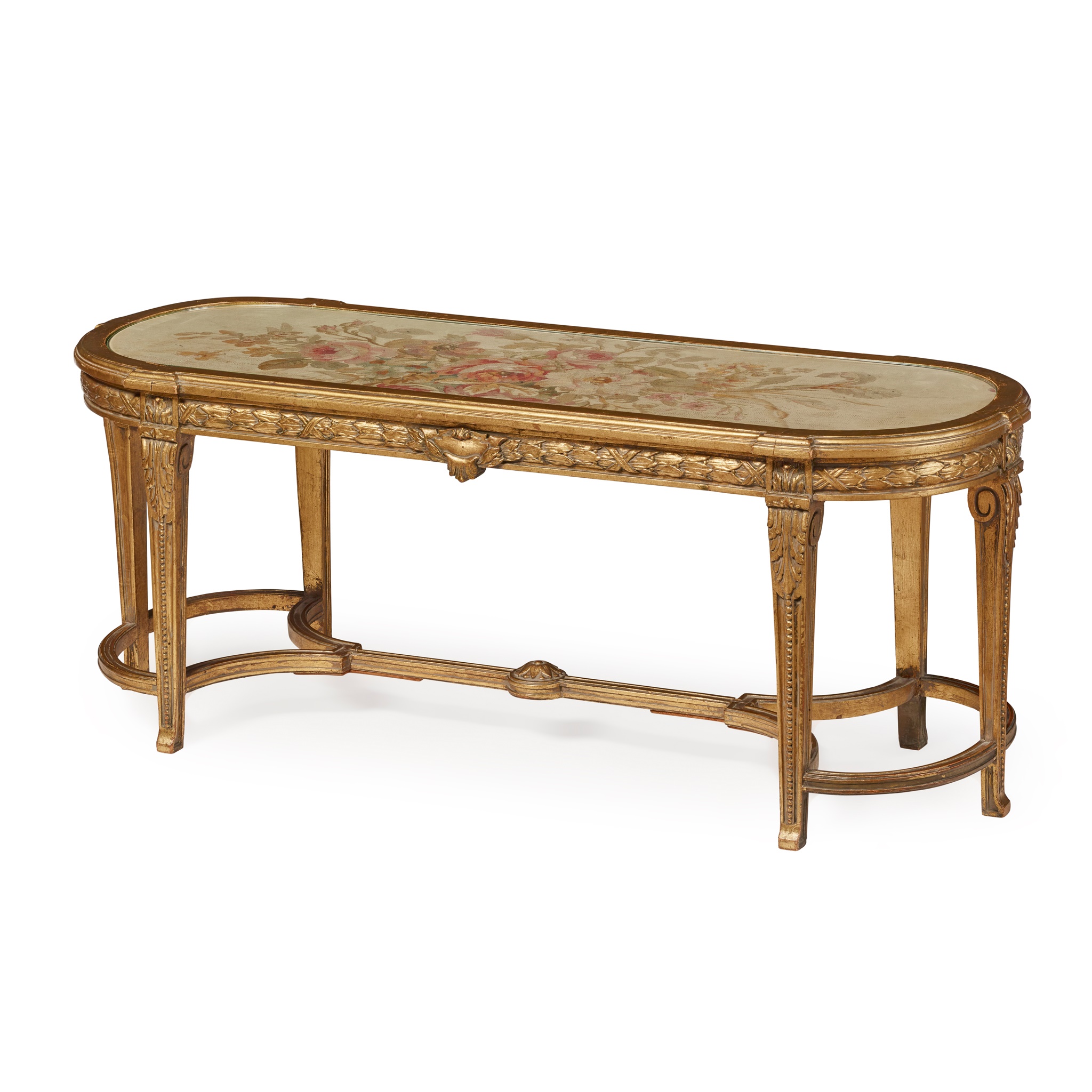LOUIS XVI STYLE GILTWOOD AND AUBUSSON LOW TABLE