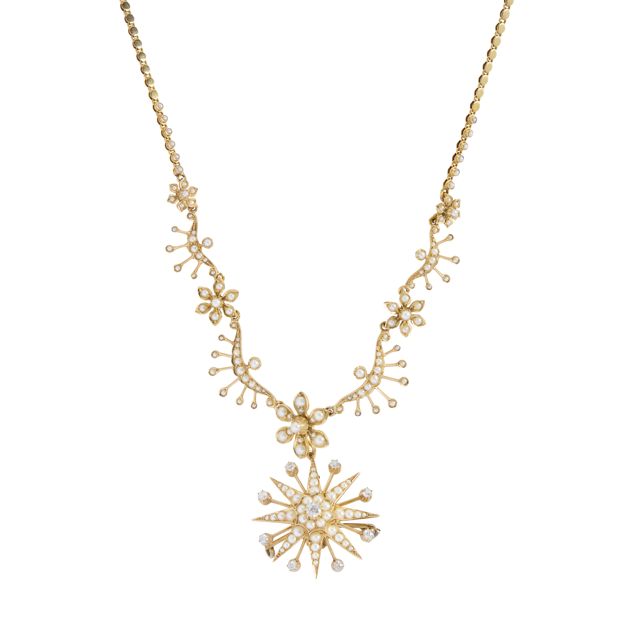 A late Victorian seed pearl and diamond necklace, circa 1880