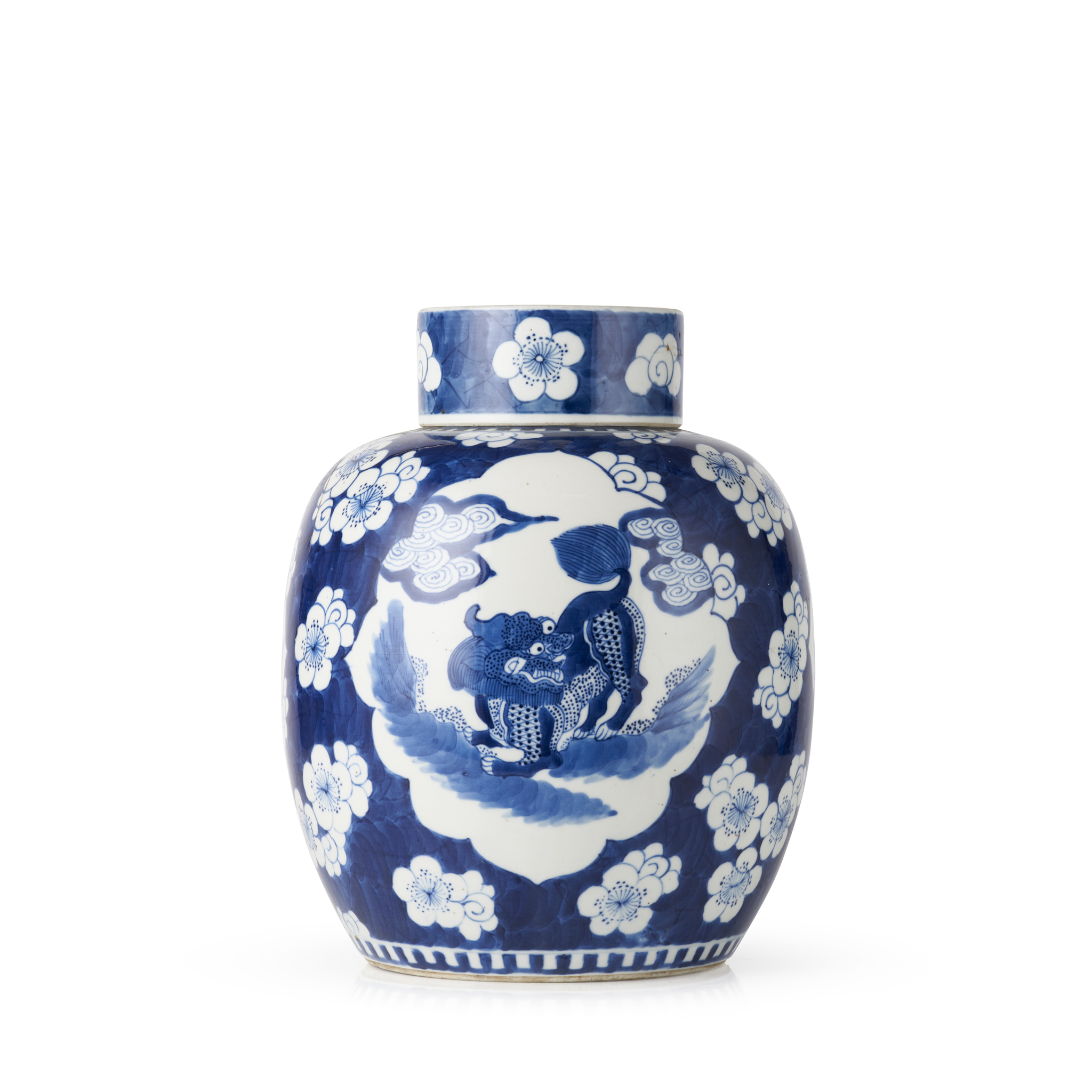 BLUE AND WHITE 'MYTHICAL BEAST' GINGER JAR WITH COVER