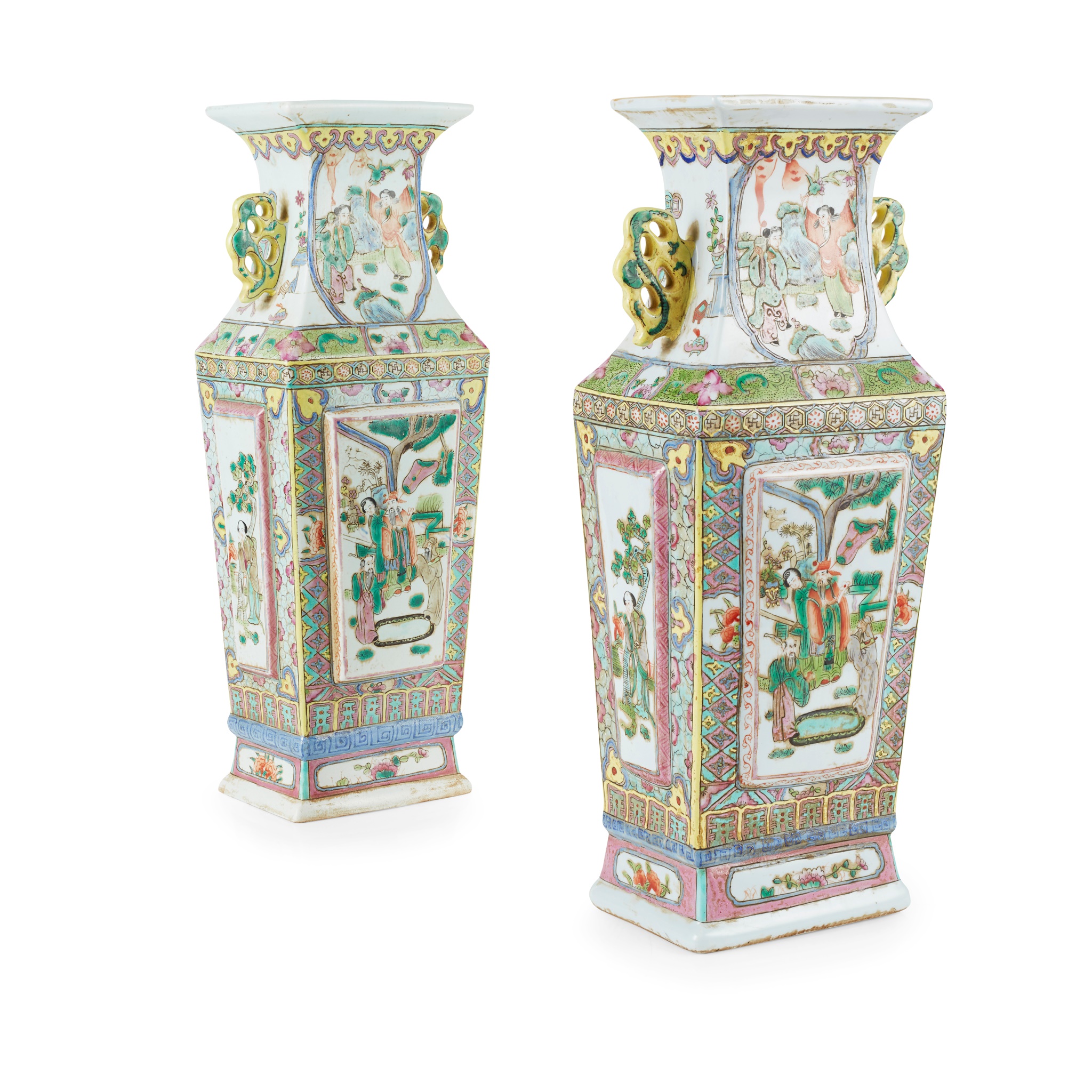 PAIR OF FAMILLE VERTE SQUARE-SECTION VASES