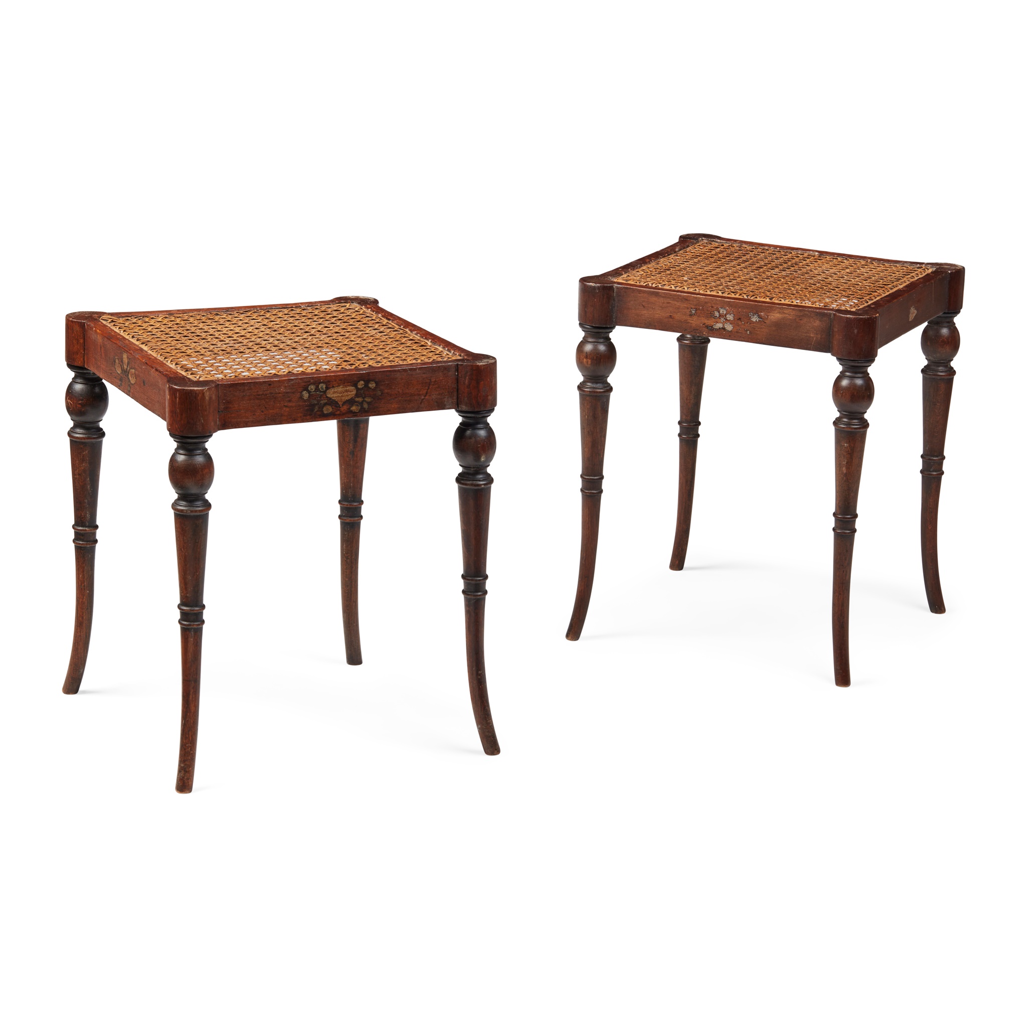 PAIR OF REGENCY STYLE MAHOGANY CANED STOOLS