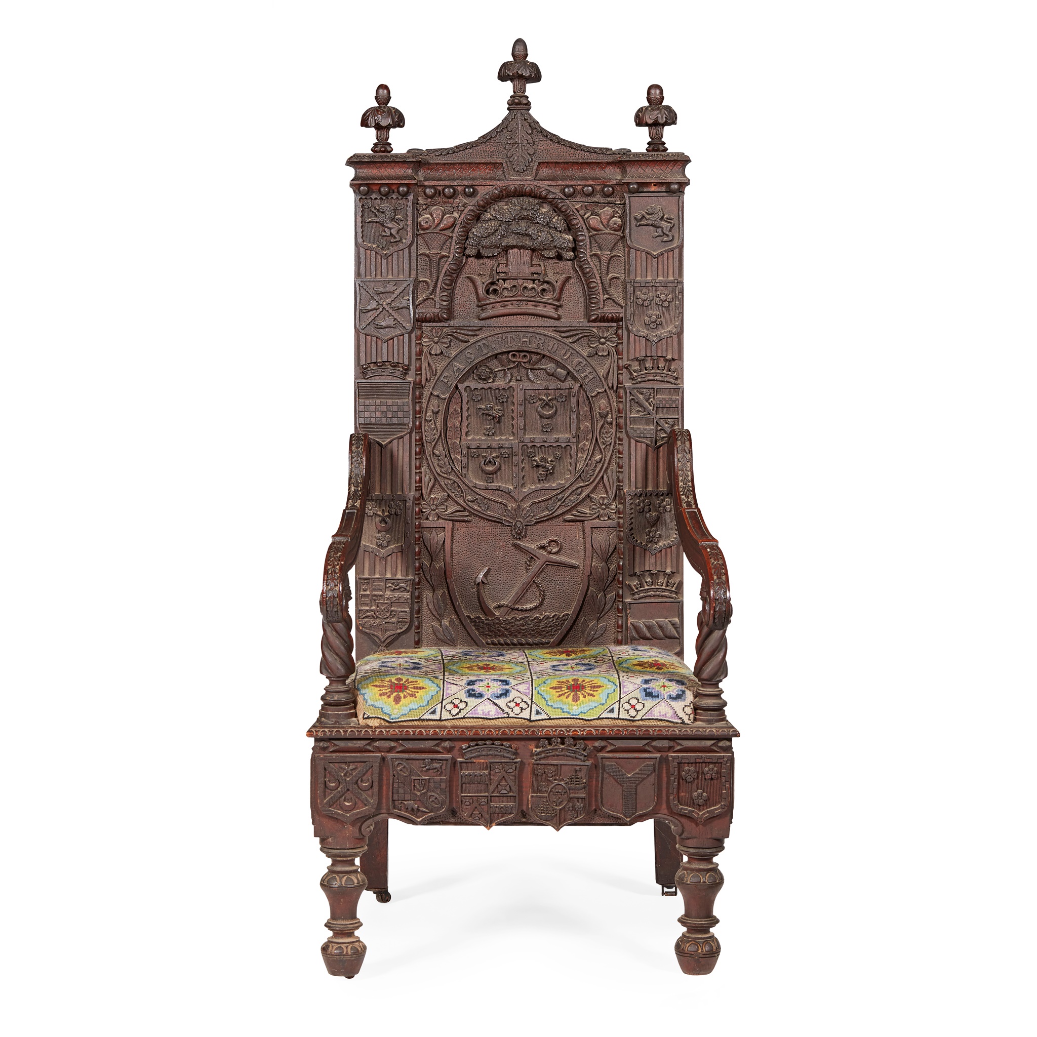 CEREMONIAL CARVED OAK ARMORIAL ARMCHAIR
