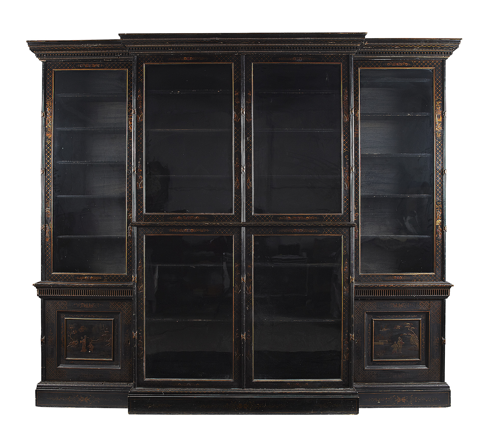 GEORGE III JAPANNED BREAKFRONT LIBRARY BOOKCASE