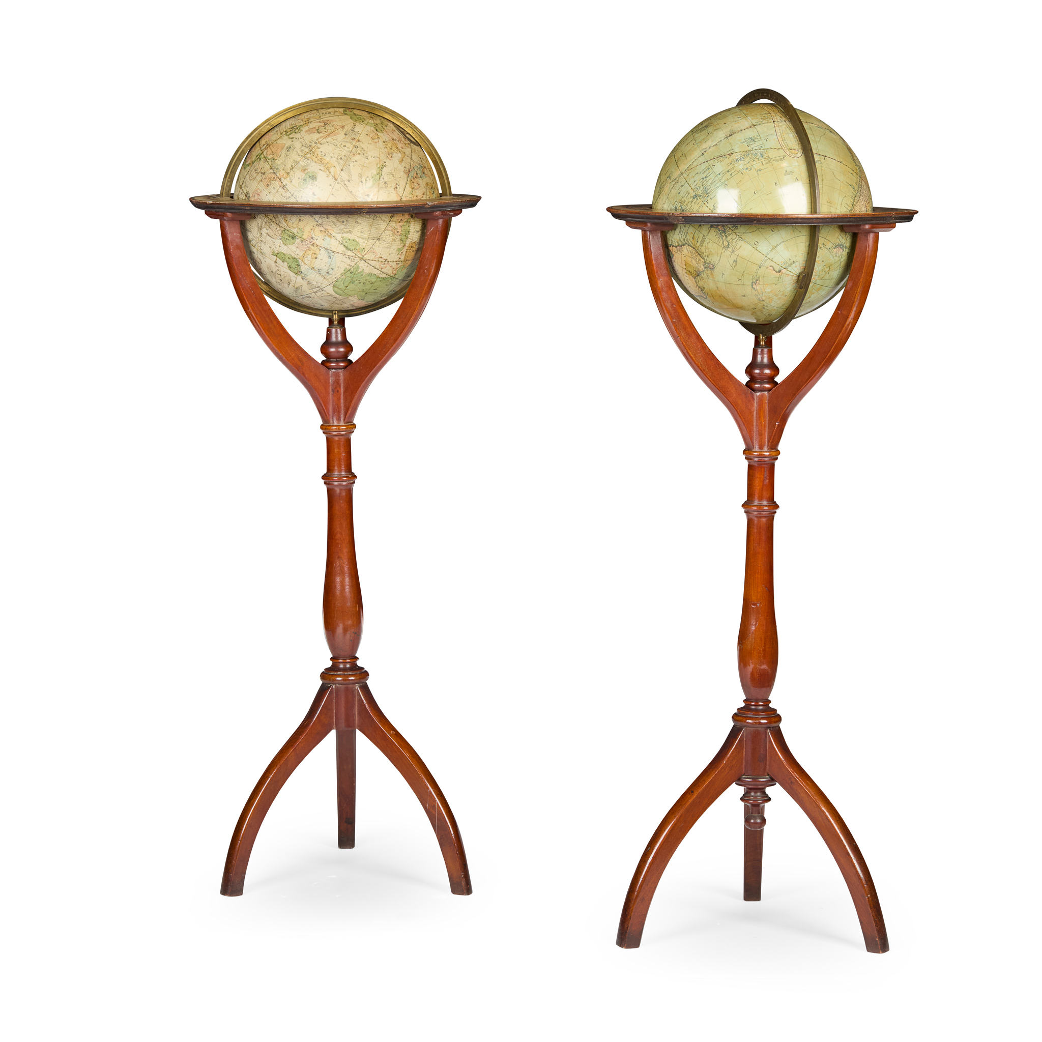 PAIR OF CARY'S 12 INCH TERRESTRIAL AND CELESTIAL FLOOR GLOBES ON STANDS