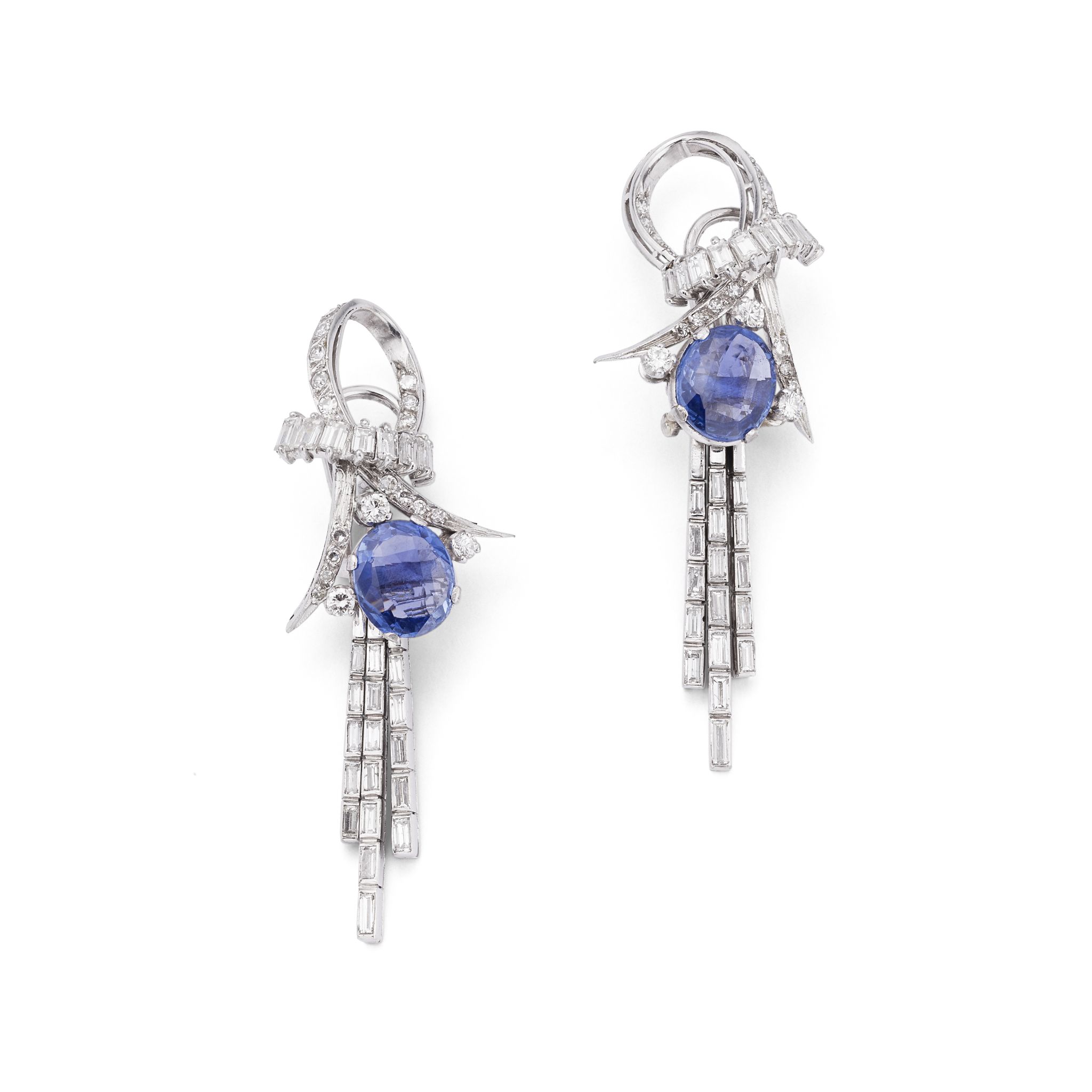 A pair of sapphire and diamond pendant earrings