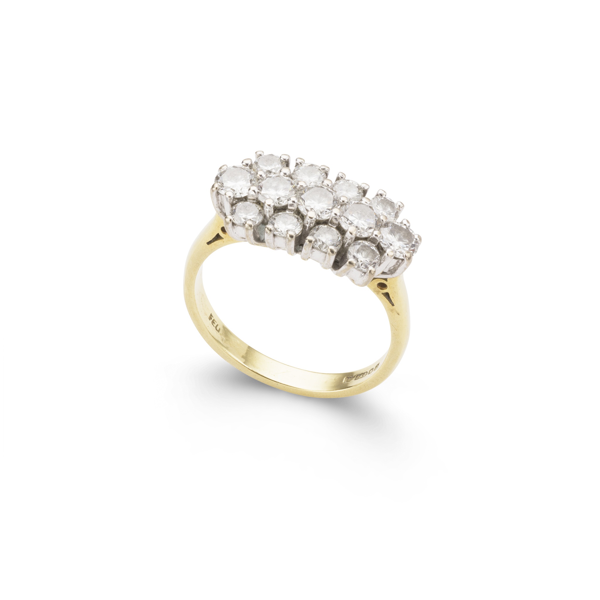 A claw-set diamond cluster ring in 18ct yellow gold