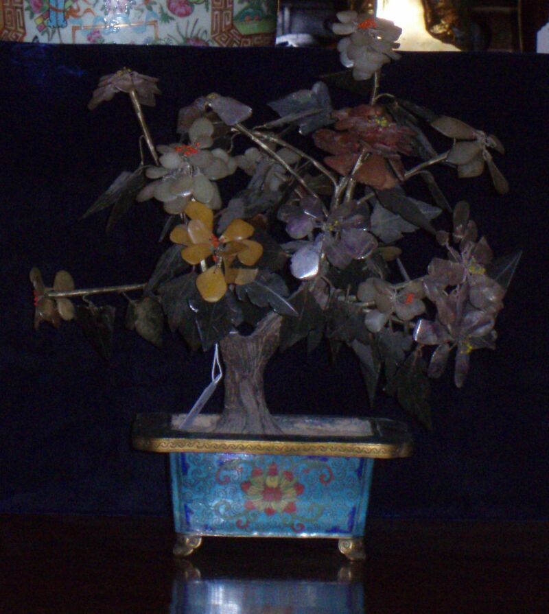 A pair of Chinese cloisonne planters with hardstone flowers