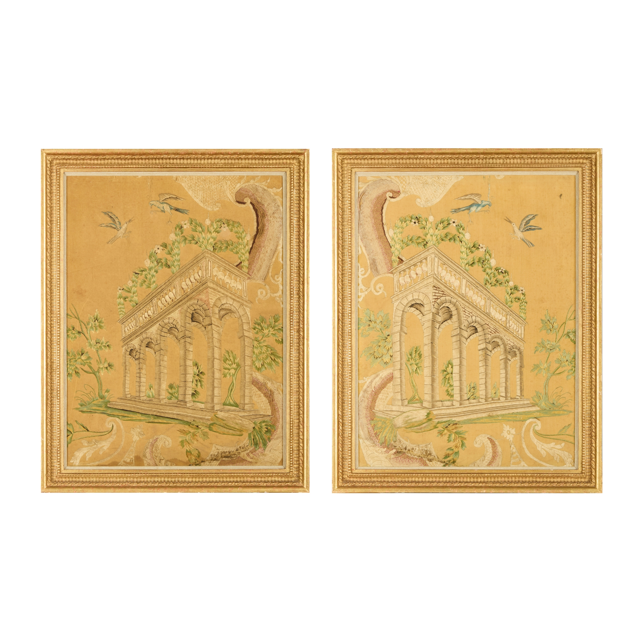 PAIR OF SILK NEEDLEWORK ASPECT PICTURES
