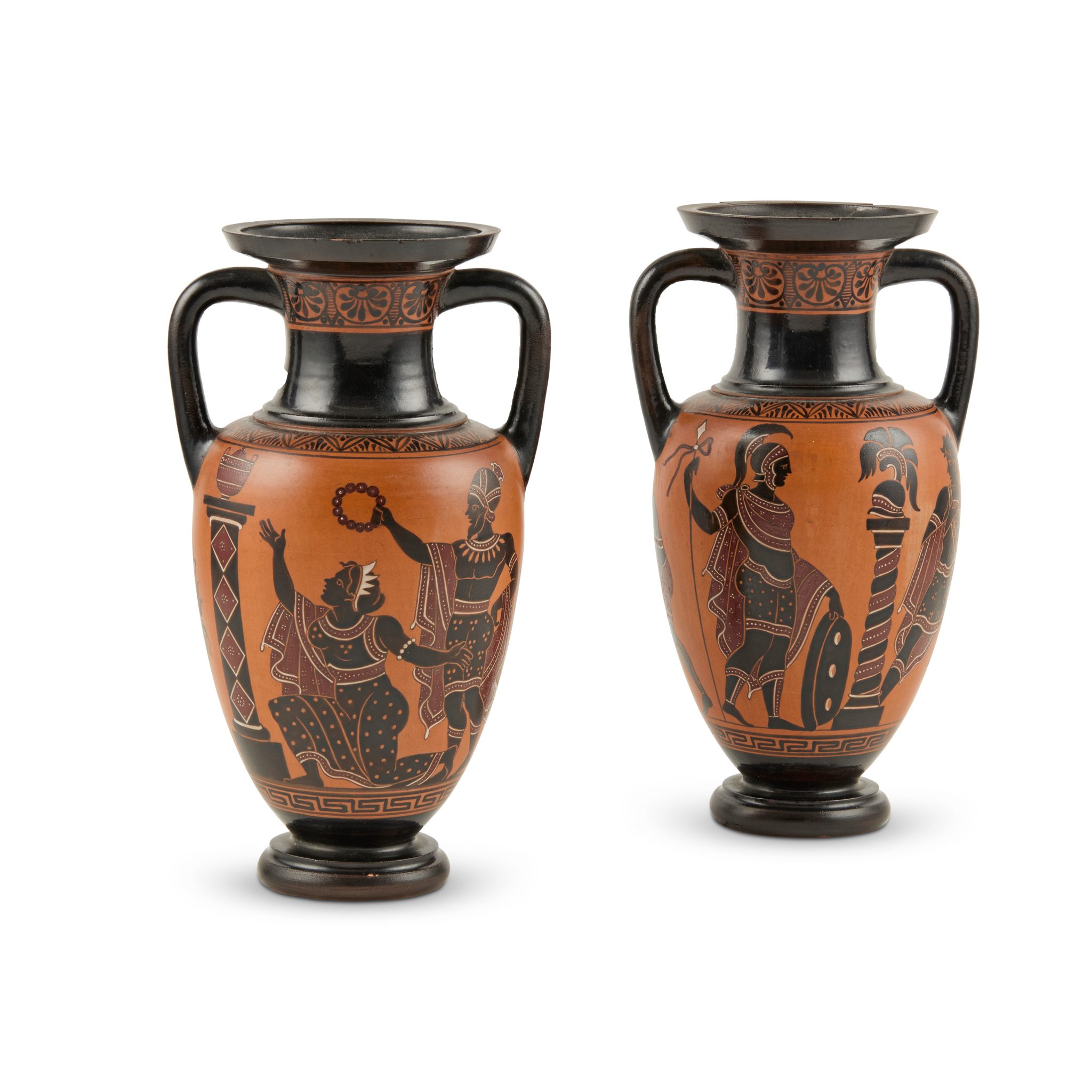 PAIR OF GIUSTINIANI (NAPLES) REDWARE BLACK FIGURE VASES