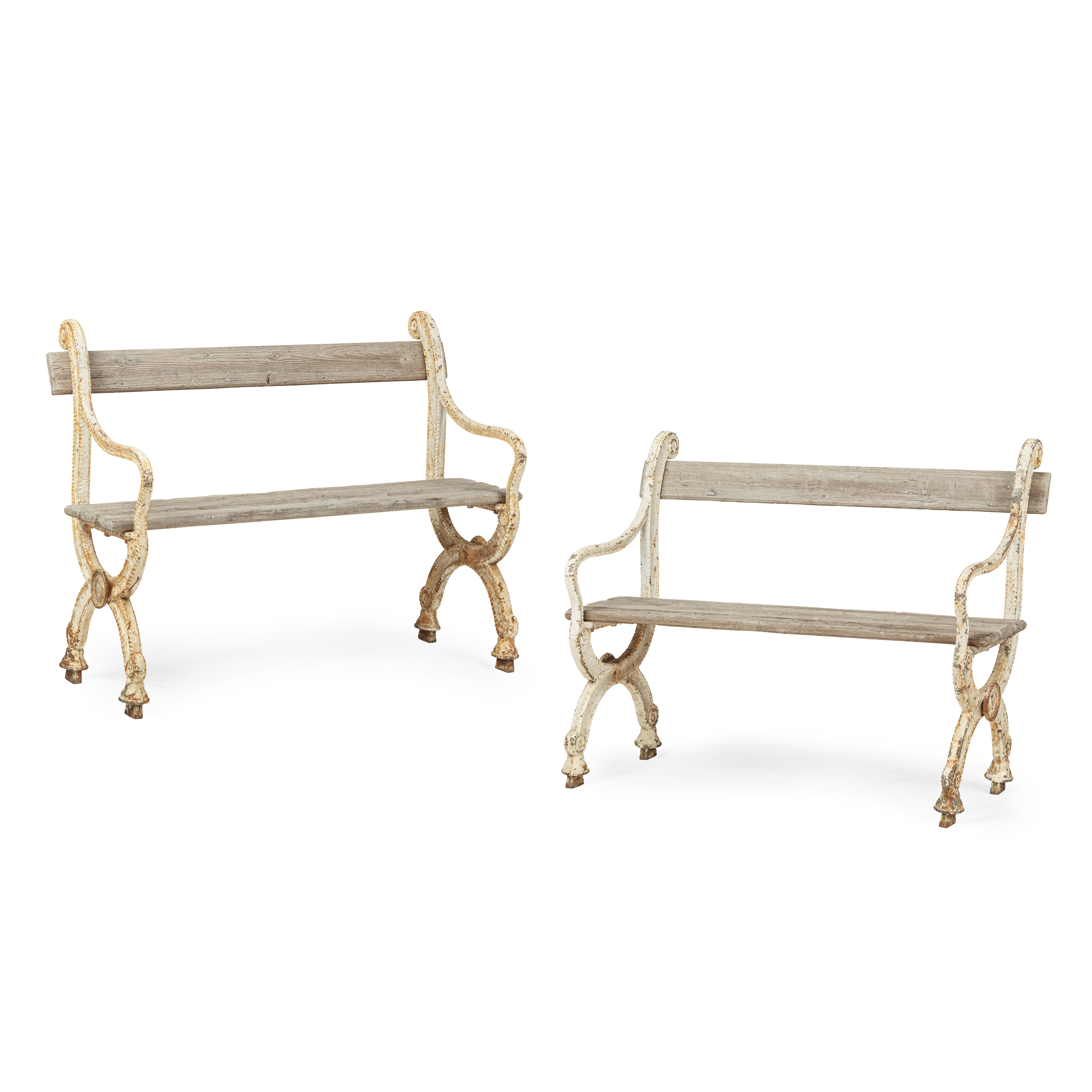 PAIR OF FRENCH CAST IRON AND WOOD GARDEN BENCHES