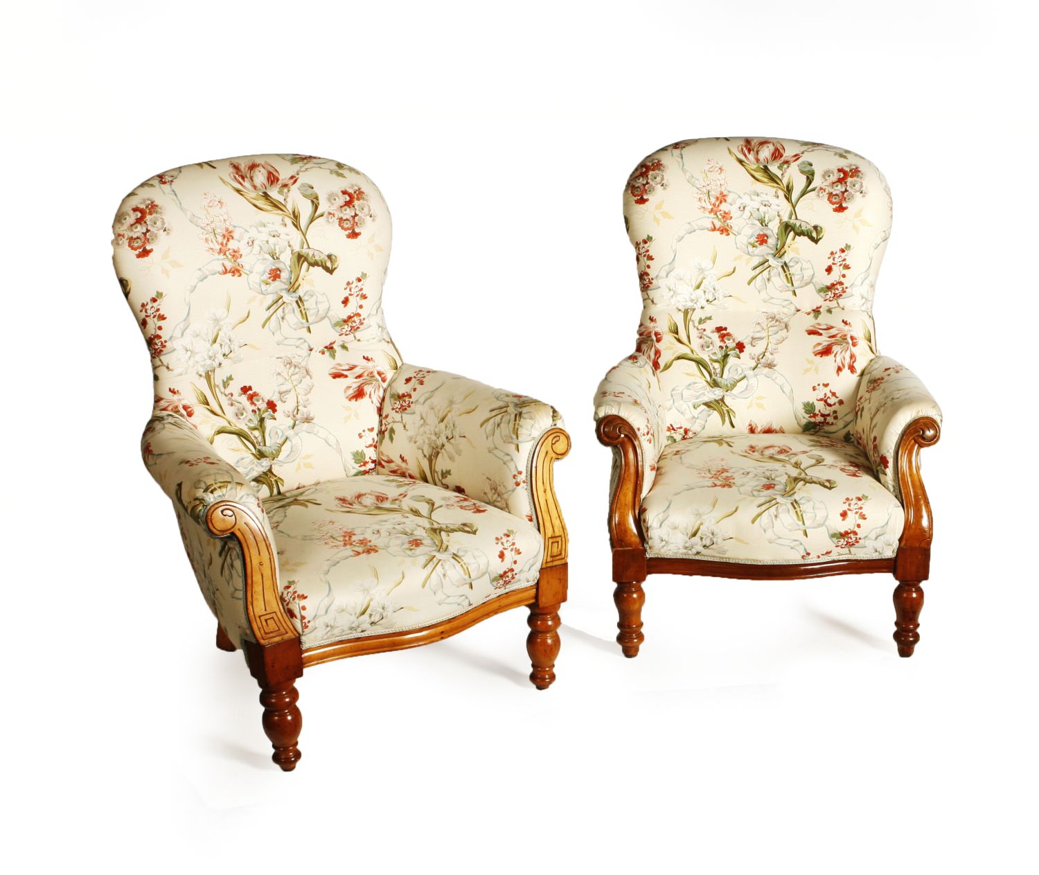 TWO SIMILAR VICTORIAN STYLE FLORAL UPHOLSTERED OAK ARMCHAIRS
