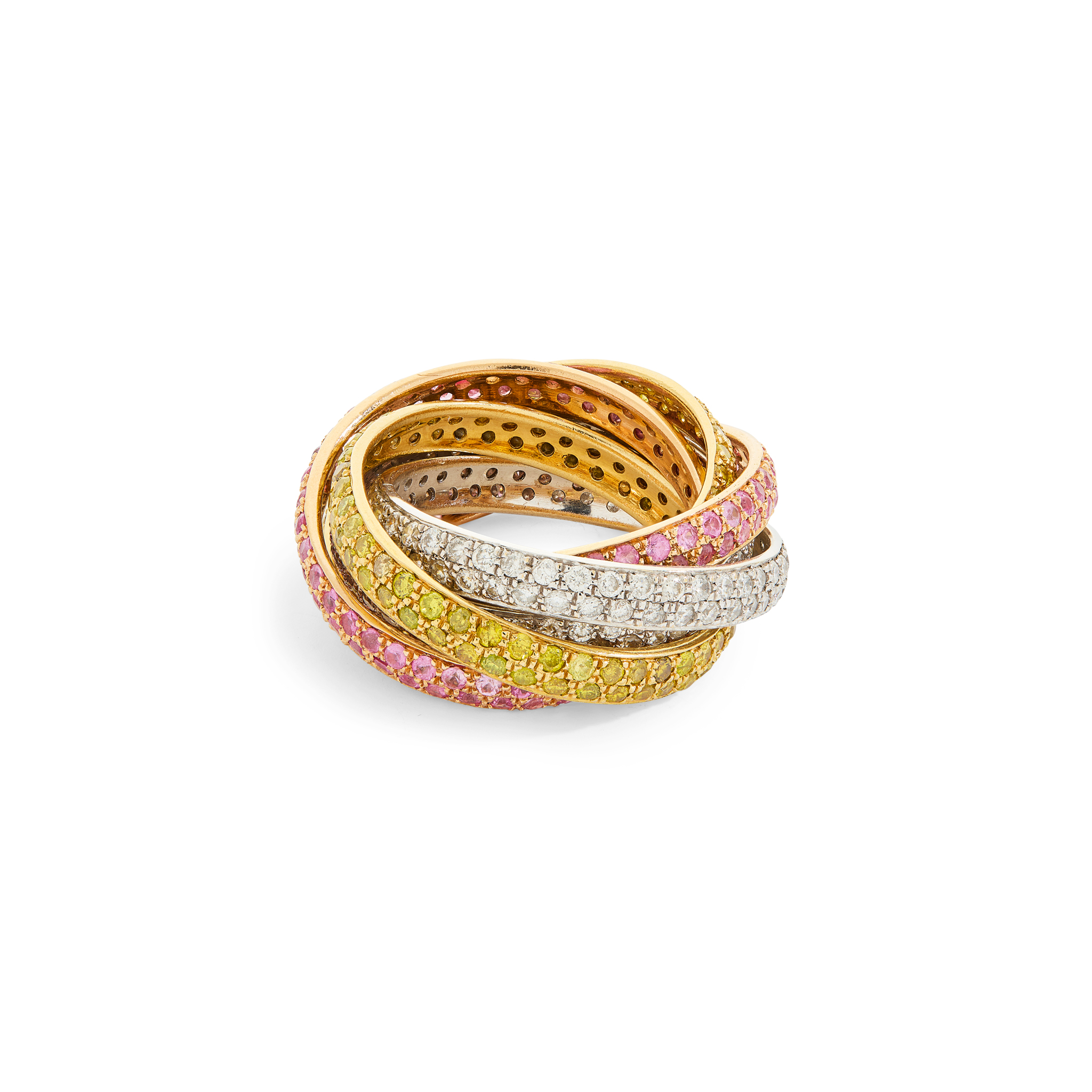 A pink sapphire, yellow and colourless diamond dress ring