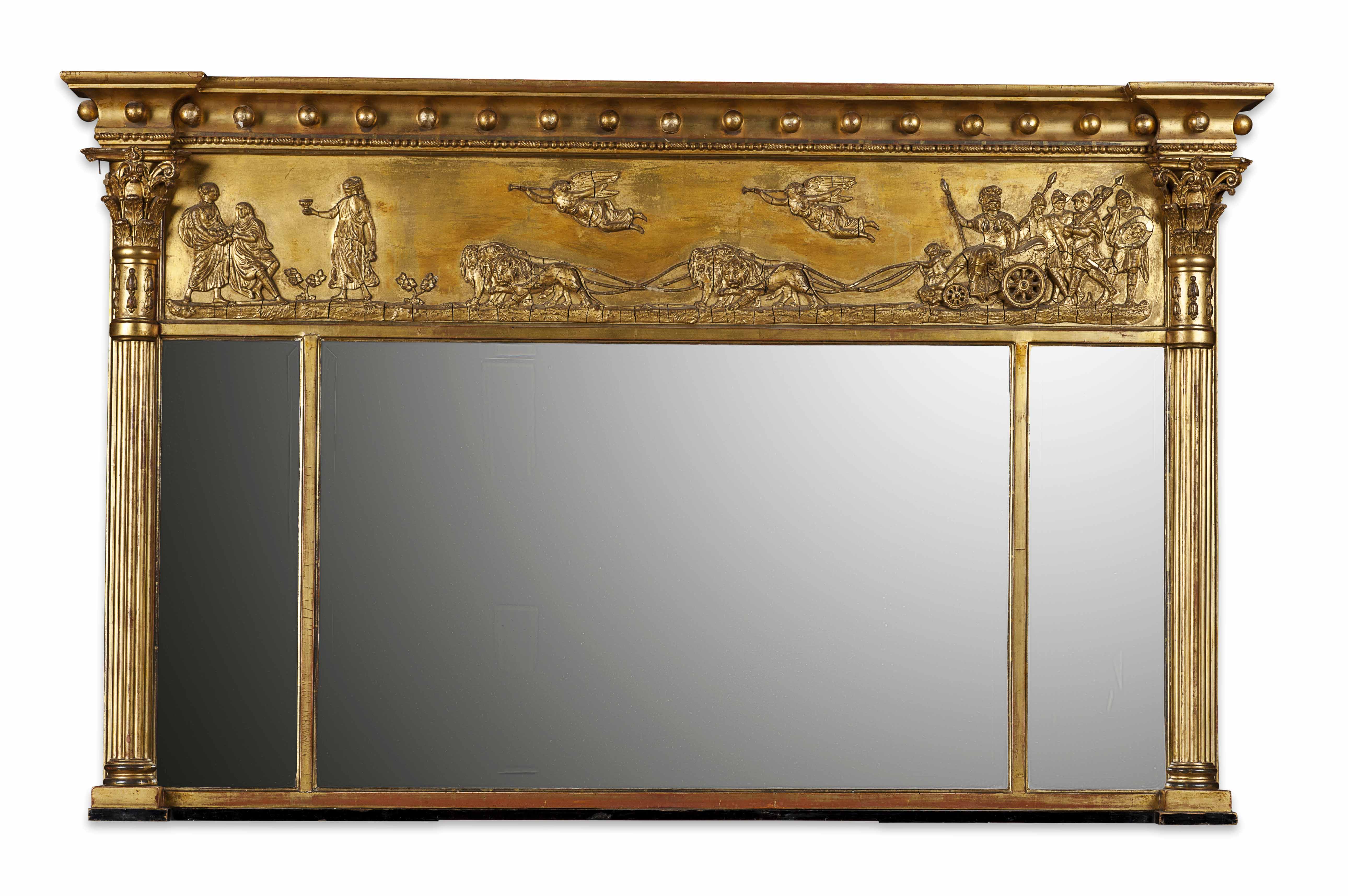 REGENCY GILT AND GESSO TRIPLE PLATE OVERMANTEL MIRROR
