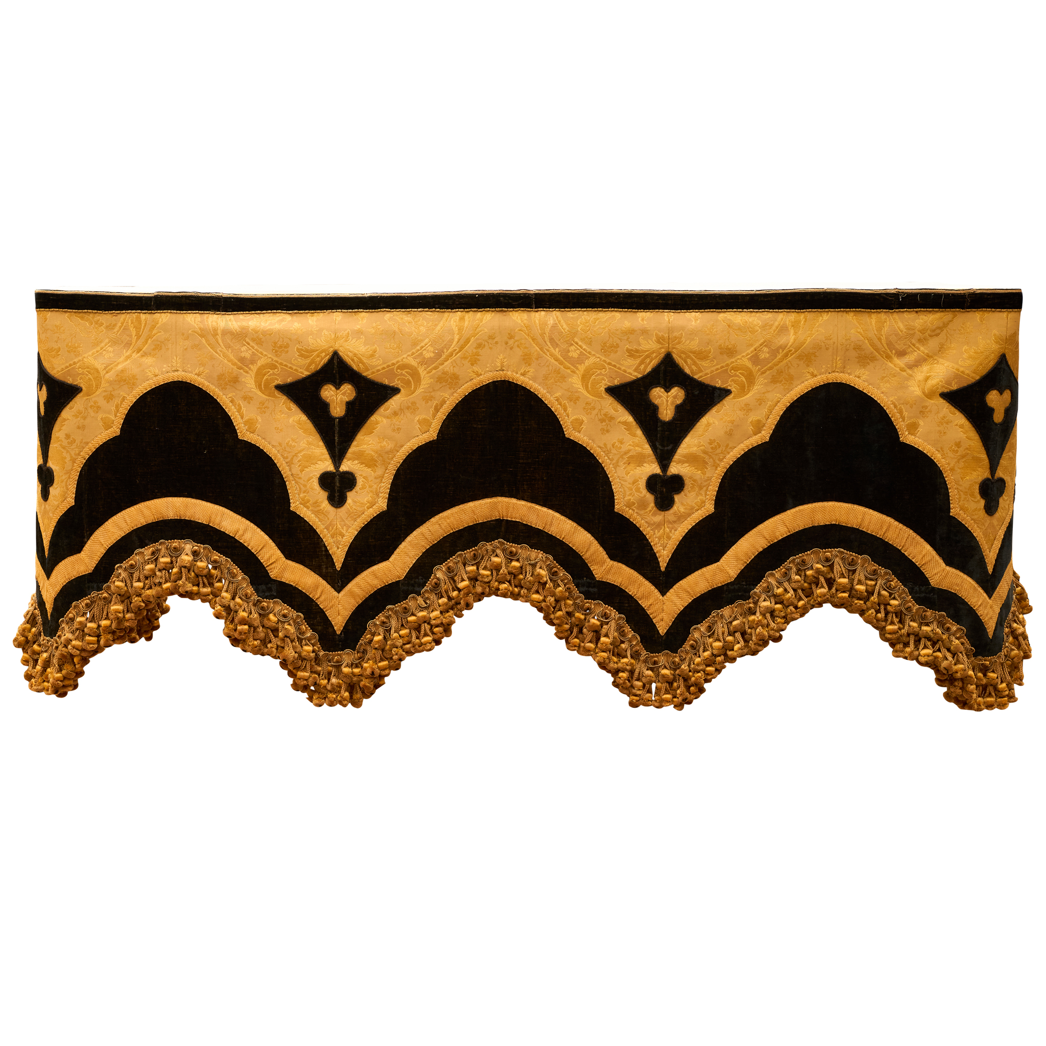 SET OF YELLOW SILK DAMASK WINDOW AND BED TREATMENTS AND HANGINGS