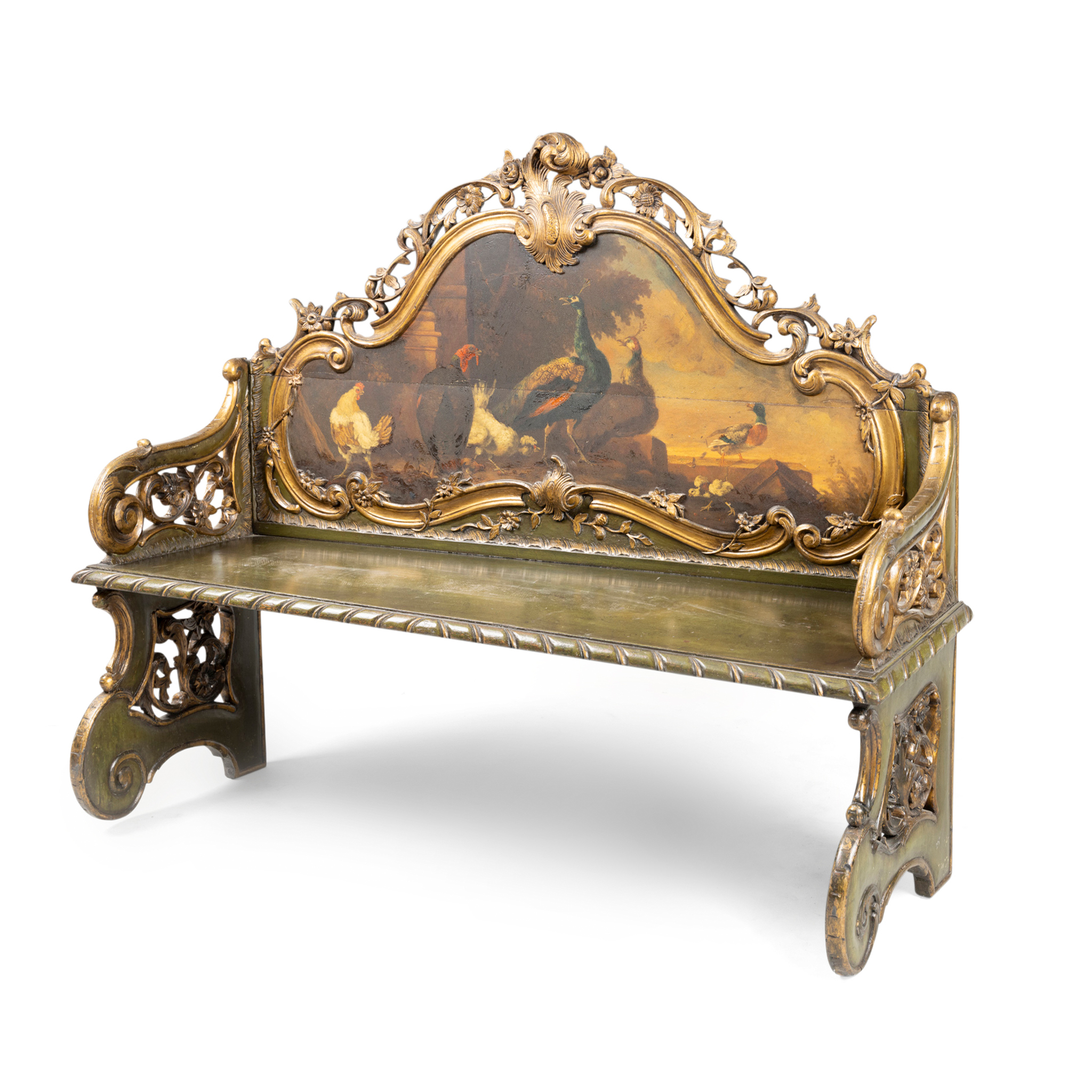 A GREEN PAINTED AND GILTWOOD HALL BENCH