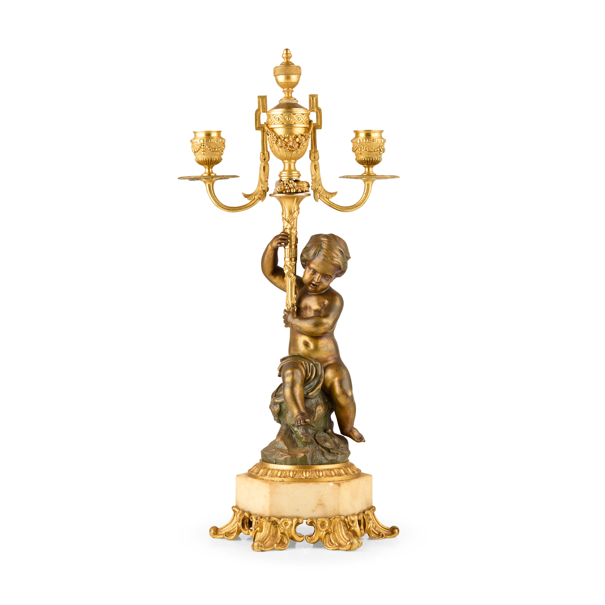 GILT BRONZE FIGURAL TWIN BRANCH CANDELABRUM