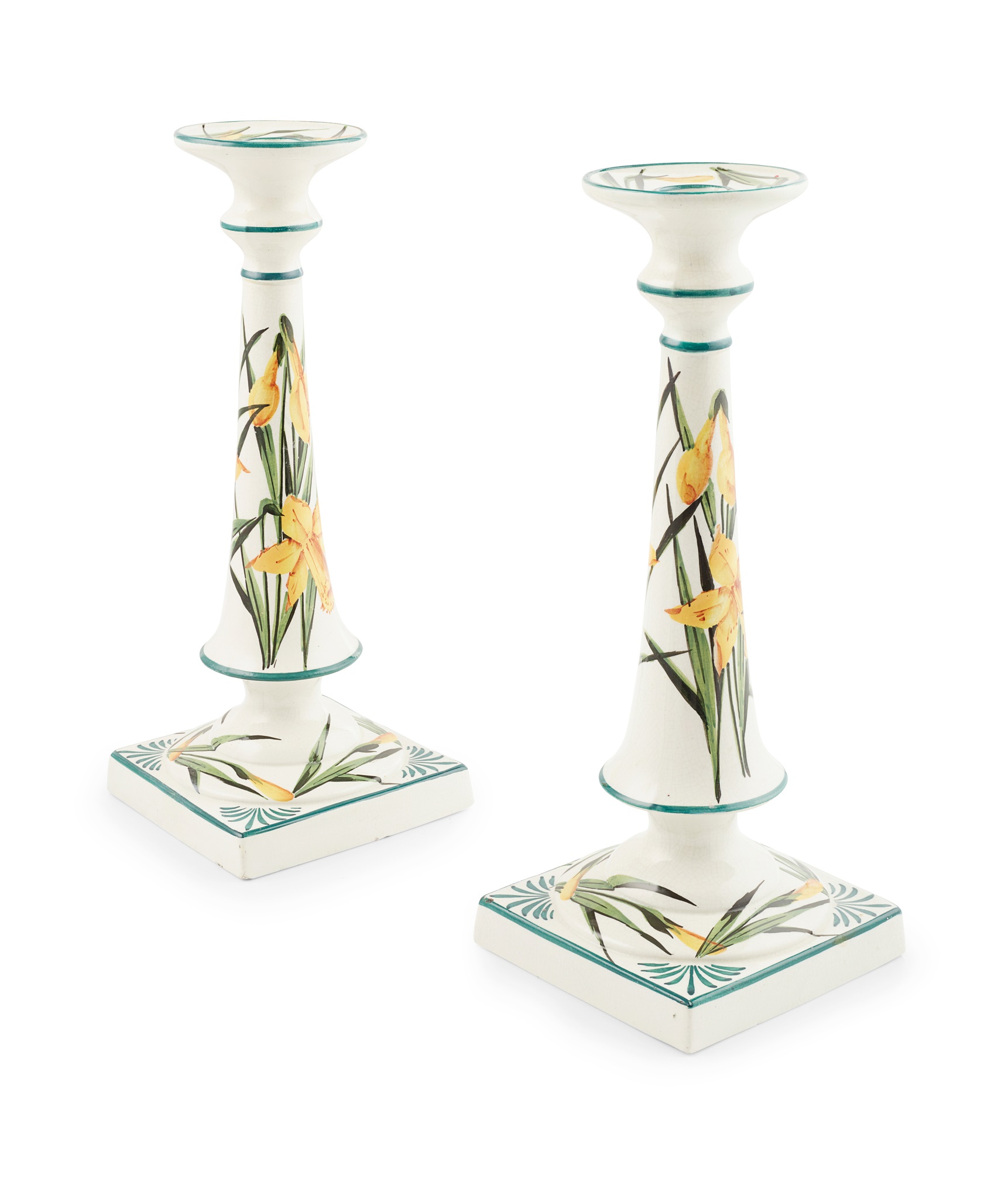 A PAIR OF WEMYSS WARE TALL CANDLESTICKS